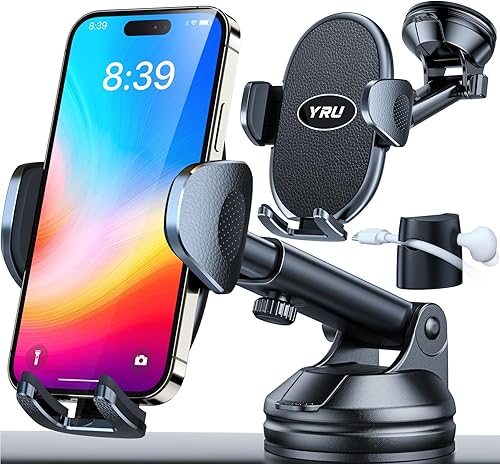 YRU Soporte mejorado para teléfono de automóvil, soporte de teléfono celular de brazo largo ajustable de succión resistente para parabrisas de