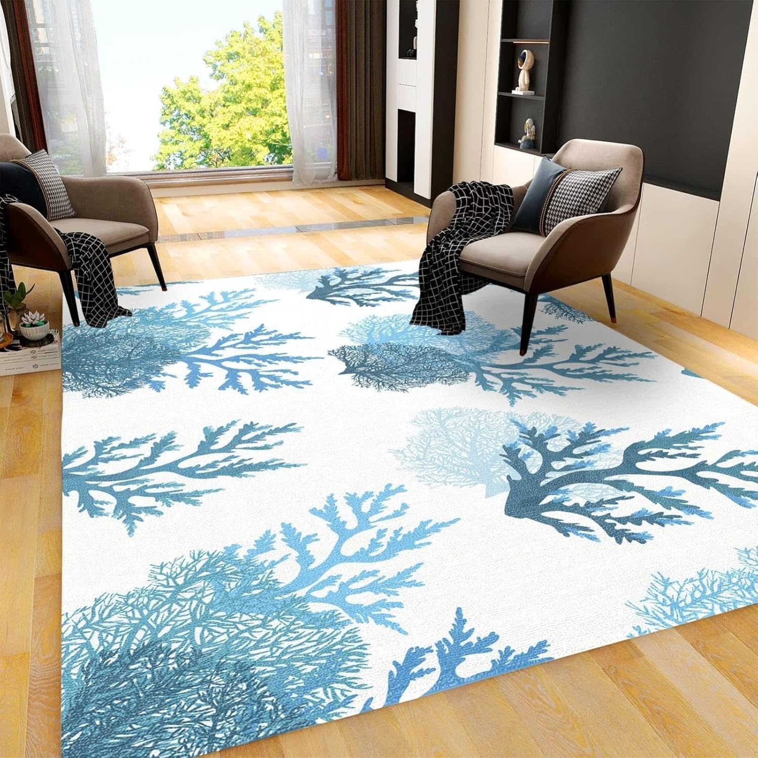 Cyan Blue Coral Area Rug, Coastal Nautical Indoor Non-Slip Kids Rugs, for Room Sofa Living Room Mat Bedroom Home Decor Floor Mats（2x3ft）
