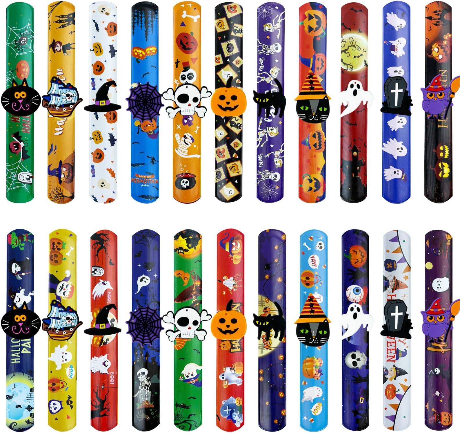 Jsdoin 24 PCS Halloween Slap Bracelets Pumpkin Wristbands Include Pumpkin Ghost Spider Bat Skeleton Designs for Kids Party Bag Fillers Party Favours Halloween Toys