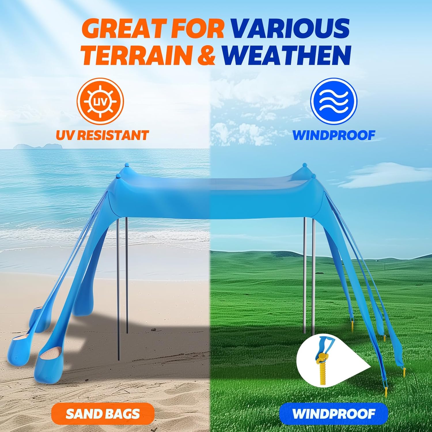 FAHKNS Beach Tent, Camping Sun Shade UPF50+ with 8 Sandbags, Sand Shovel, Ground Spikes and Stabilizer Poles, 10x10ft Beach Sunshade, Beach Tent for Camping, Fishing and Picnicking (Sky Blue)