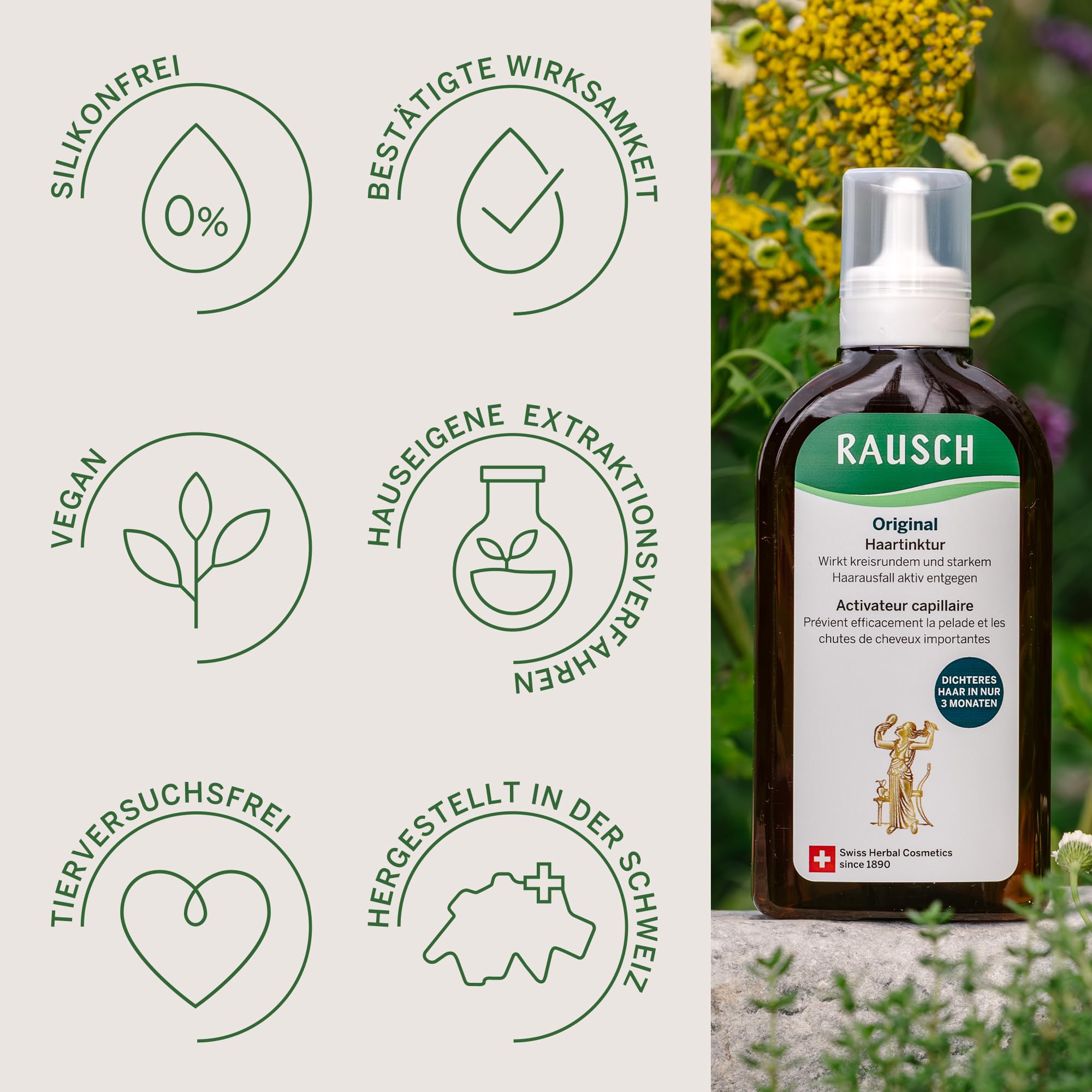 RAUSCH Original Haartinktur 200 ml – Tinktur bei Haarausfall – vegan & silikonfrei, hergestellt in der Schweiz mit Klettenwurzel-Extrakt & ätherischen Ölen