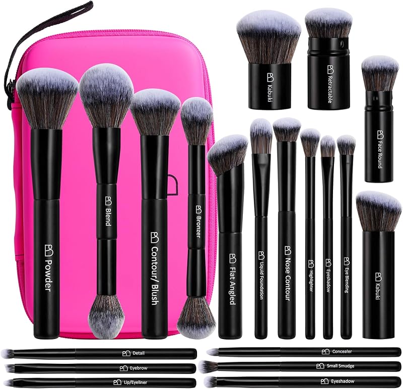 Brochas de maquillaje profesionales BS-MALL con estuche de viaje - Brocha Kabuki para sombra de ojos, brocha correctora, brocha para colorete y brocha de cimentación 20 unidades, etiqueta de uso diario y caja de regalo para ocasiones versátiles