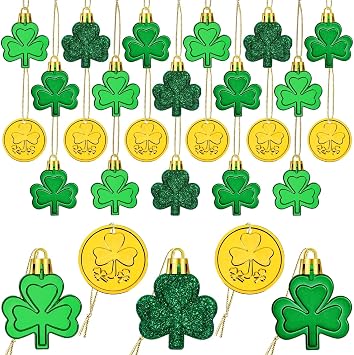 JULMELON St Patricks Day Decorations, 20Pcs Shamrock Decorations Green Shamrock Ornaments Good Luck Clover Gold Coinages Hanging St Patricks Day Ornaments for Tree Irish Festival Party Supplies