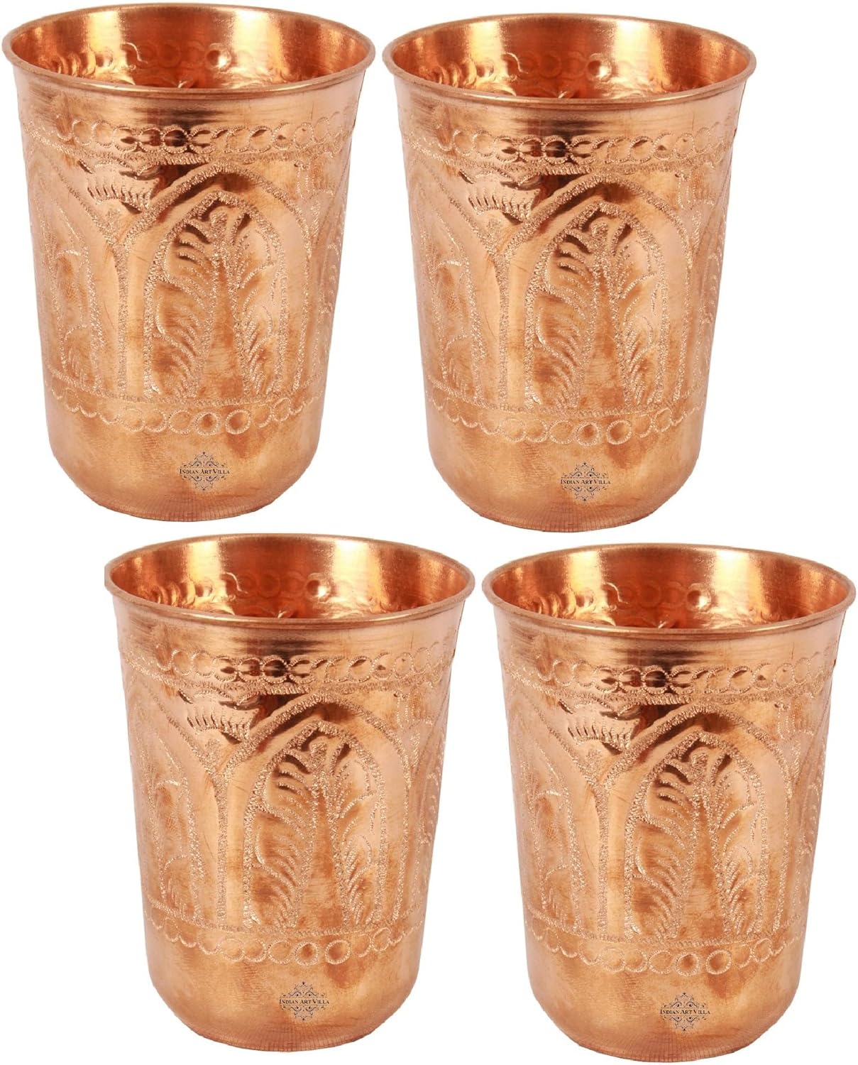 Indian Art Villa Pure Copper Tumbler with Leaf Design Glass, Copper Vessel, Drinkware and Serveware, Home Restaurant, Volume- 12 Oz, Set of 4