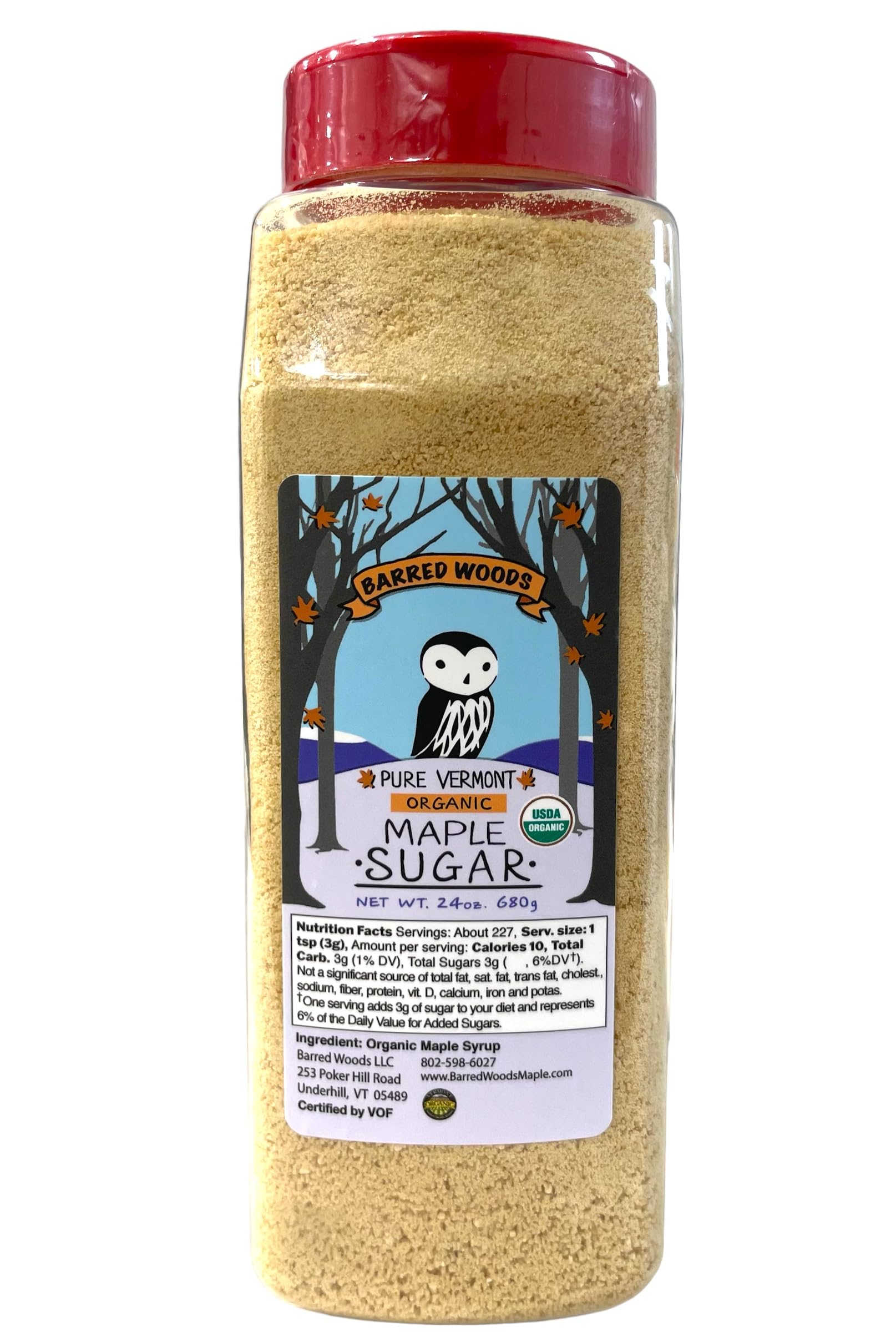 BARRED WOODS Organic Pure Vermont Maple Sugar - 1.5 lbs (24 oz) Jar - 100% Natural Alternative Sweetener - Maple