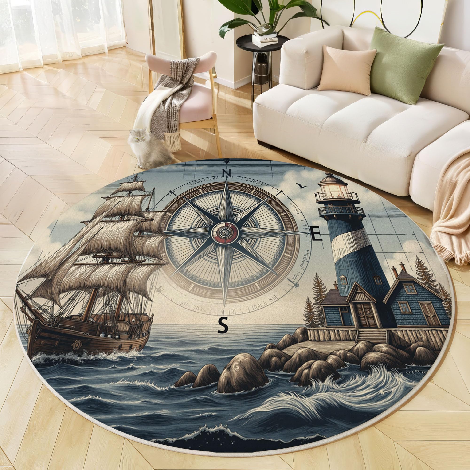 Tapis rond 120 cm tarot nautique bleu foncé au poil ras doux