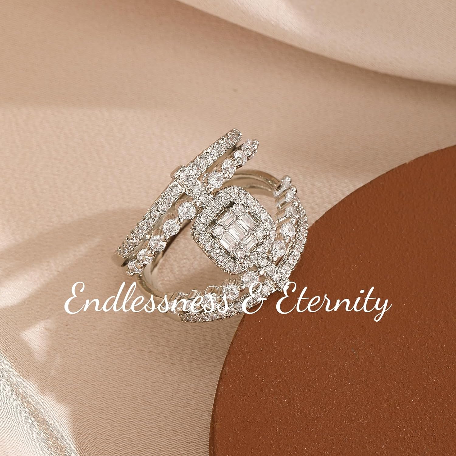 ENDLESSNESS & ETERNITY Half Eternity Simulated Diamond Party Ring 14K White Gold Plated Wedding Band Ring Cubic Zirconia Engagement Promise Cocktail Ring Gift for Women - Image 5