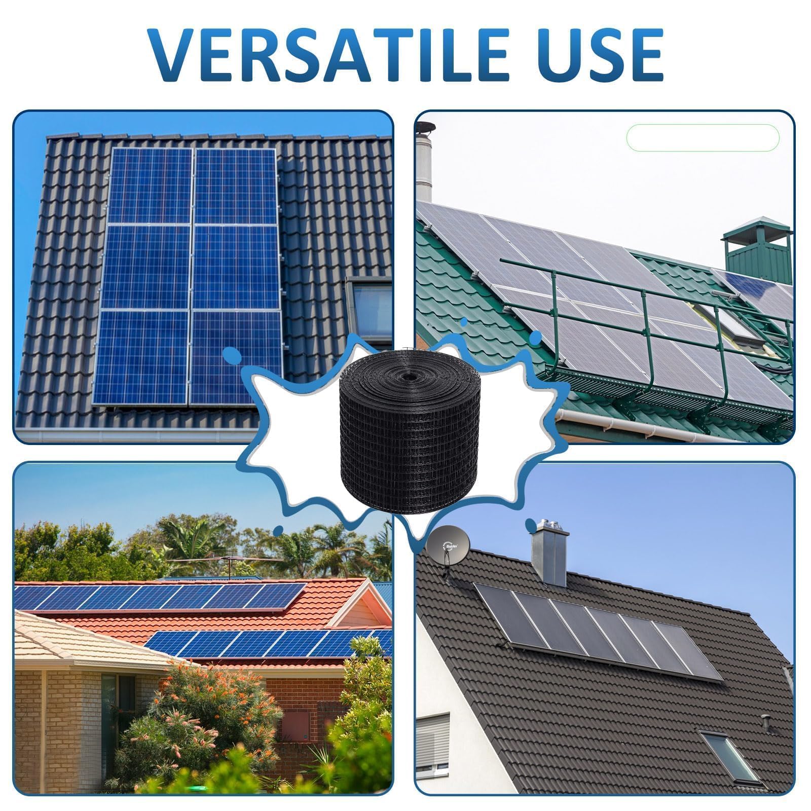 Protector de Malla de Alambre para Paneles Solares de Tejado, 25 cm X 30 m | PVC Malla de Protección de Paneles Solares en Rollo Antipalomas con 70 Fijaciones de Acero Inoxidable, Rodillos Antipalomas