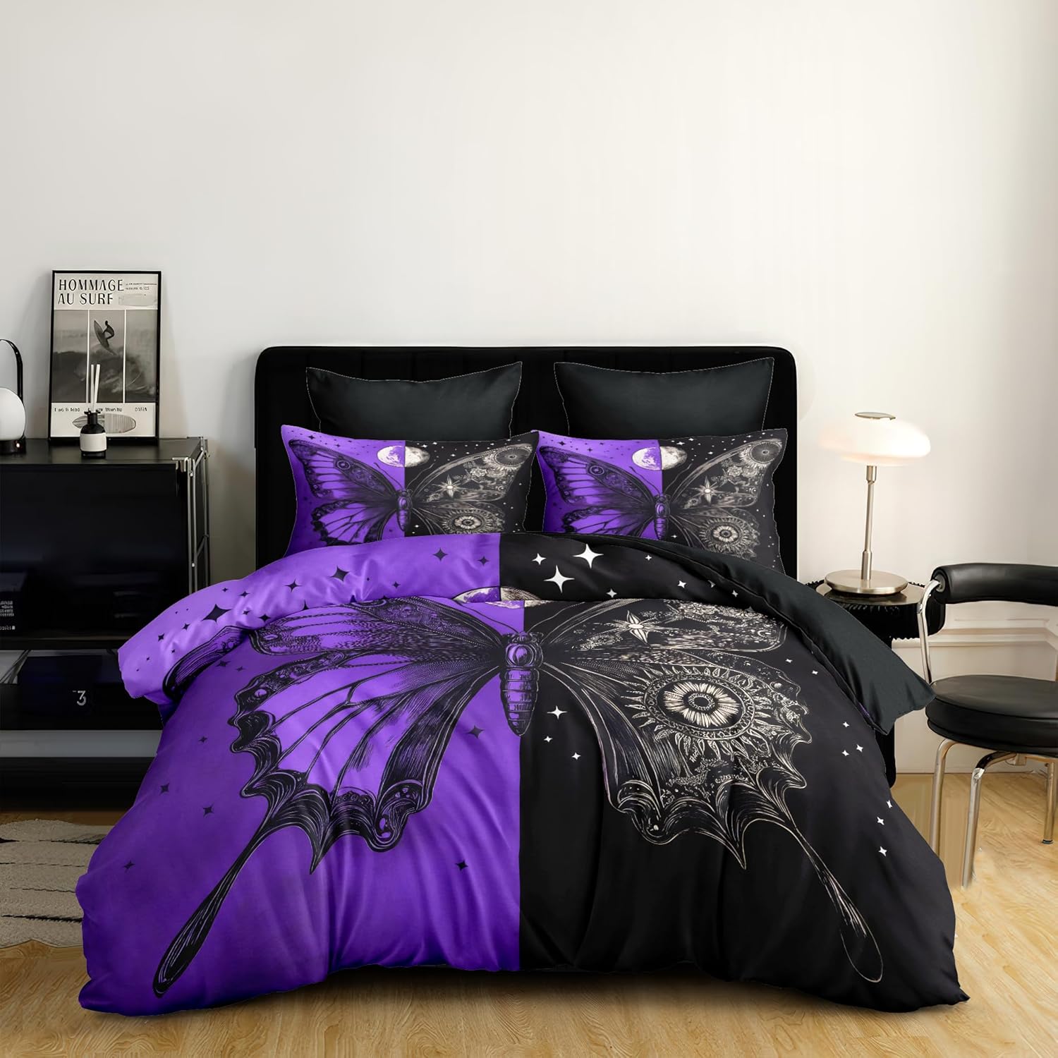 CCoutueChen Starry Sky Star Moon Comforter Set Queen, 3pcs Gothic Black Purple Butterfly Soft Bedding Set for Women Girls, Lightweight Down Alternative Comforter with 2 Pillowcases (90" X 90")