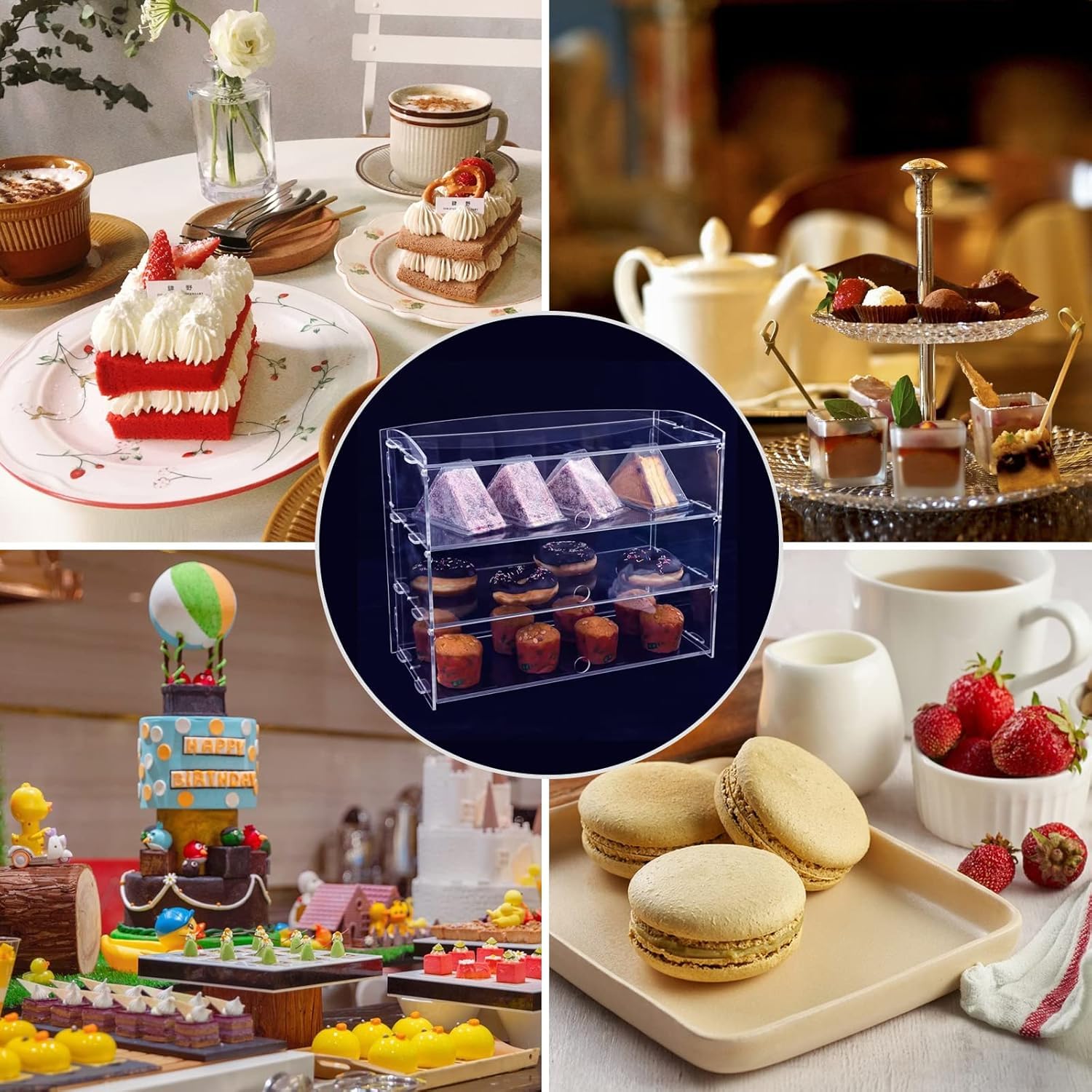 AmorLoco Vitrina 3-niveles para panadería, pastelería, vitrina acrílica transparente, gabinete comercial, sándwiches, pan, caja de donas, queso, galletas, organizador