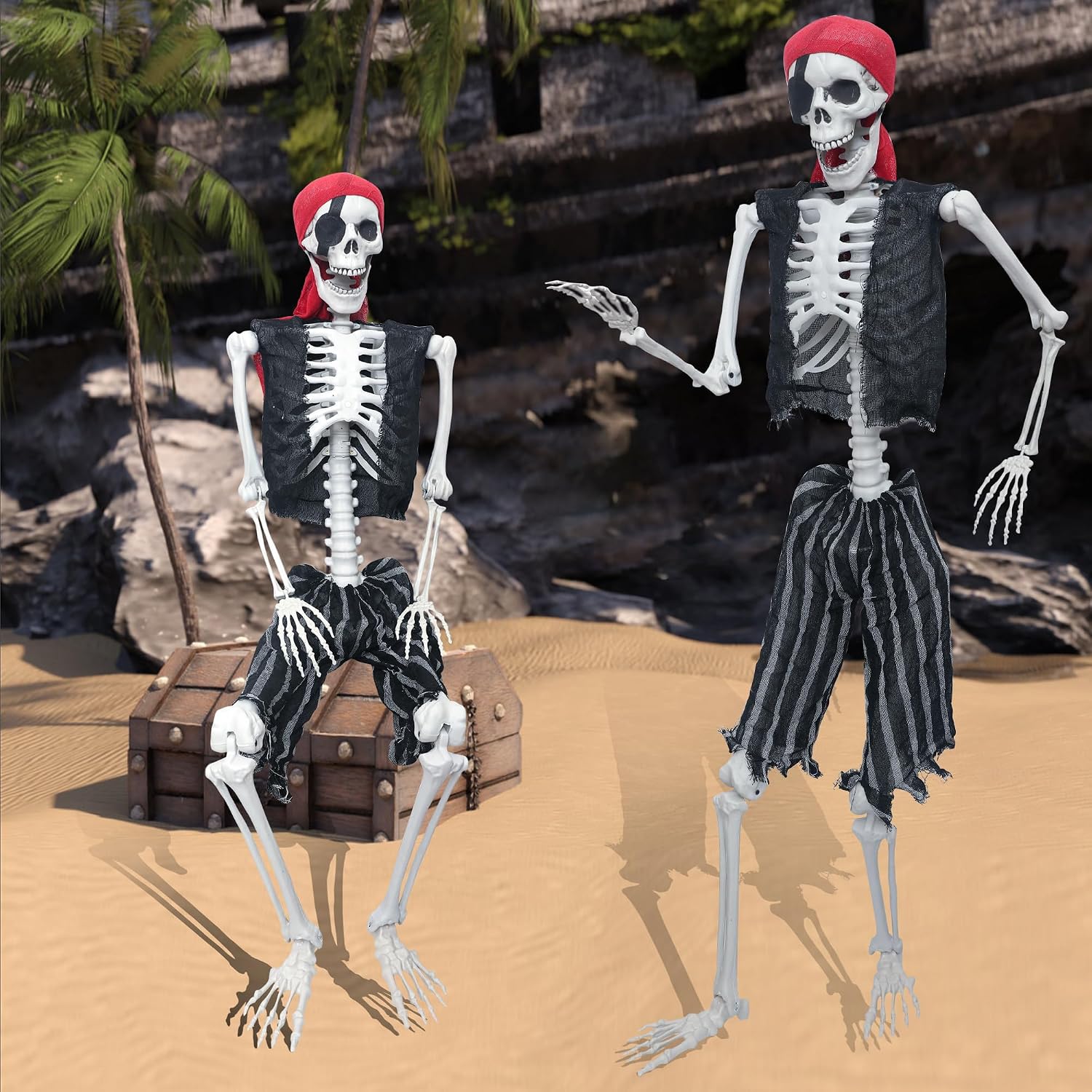 5.4ft Halloween Posable Skeleton Realistic Life Size Human Skeleton Bones Pirate Style with Movable Joints for Halloween Props Spooky Party Decoration