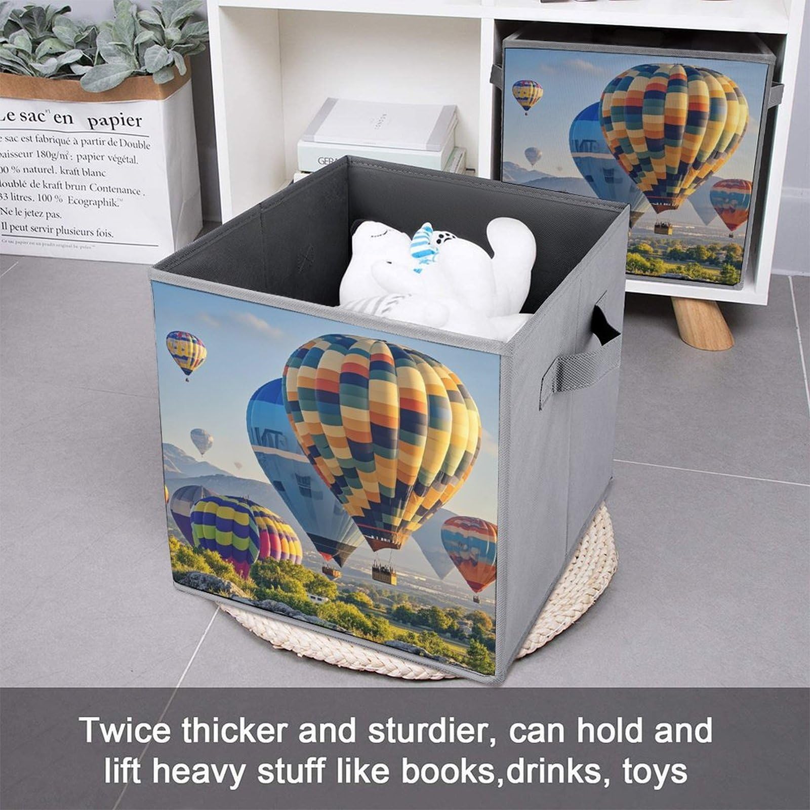 Cubos de almacenamiento de globos de aire caliente, cestas de almacenamiento plegables de tela decorativas para organizar organizadores del hogar con asas, cestas de almacenamiento de tela