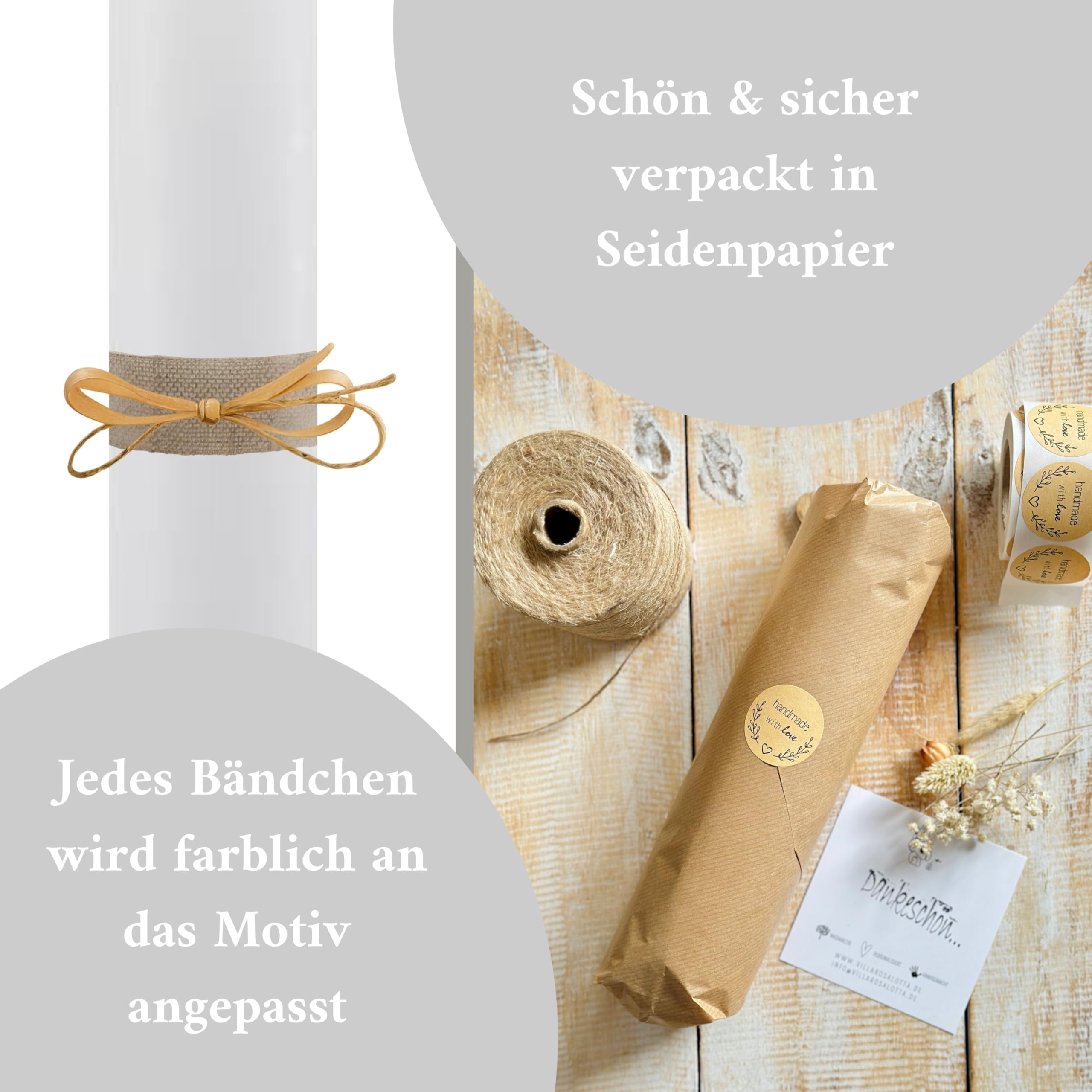 VILLA ROSA LOTTA – Personalisierbare Kommunionkerze „Hanno“ mit Wunschdaten, Rückseite und Holzbox | Eukalyptus Kranz und Spruch | 40 cm x 4 cm | für Jungen und Mädchen | Altarkerze elfenbein