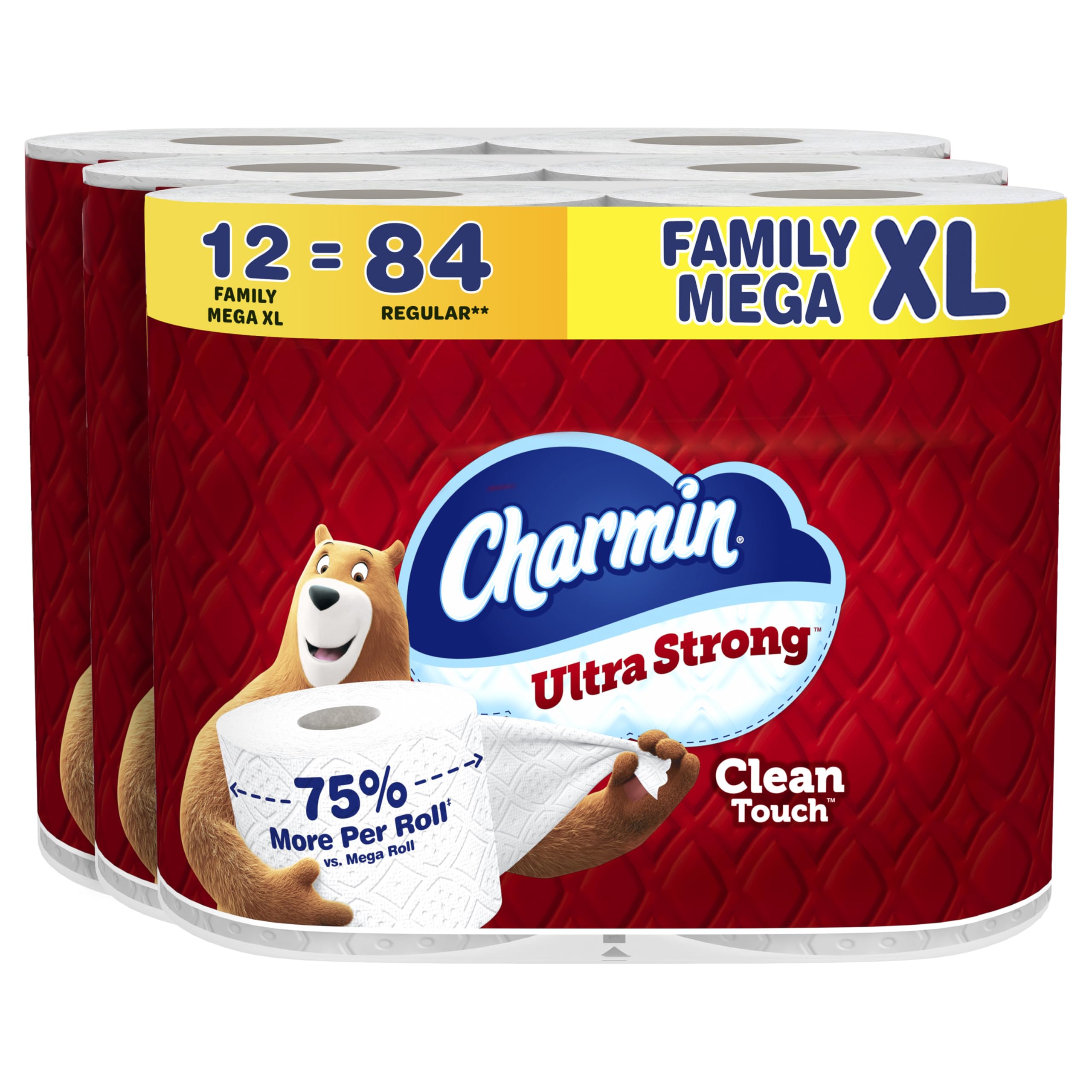 Charmin Toilet Paper Ultra Strong Clean Touch, 12 Family Mega XL Rolls = 84 Regular Rolls