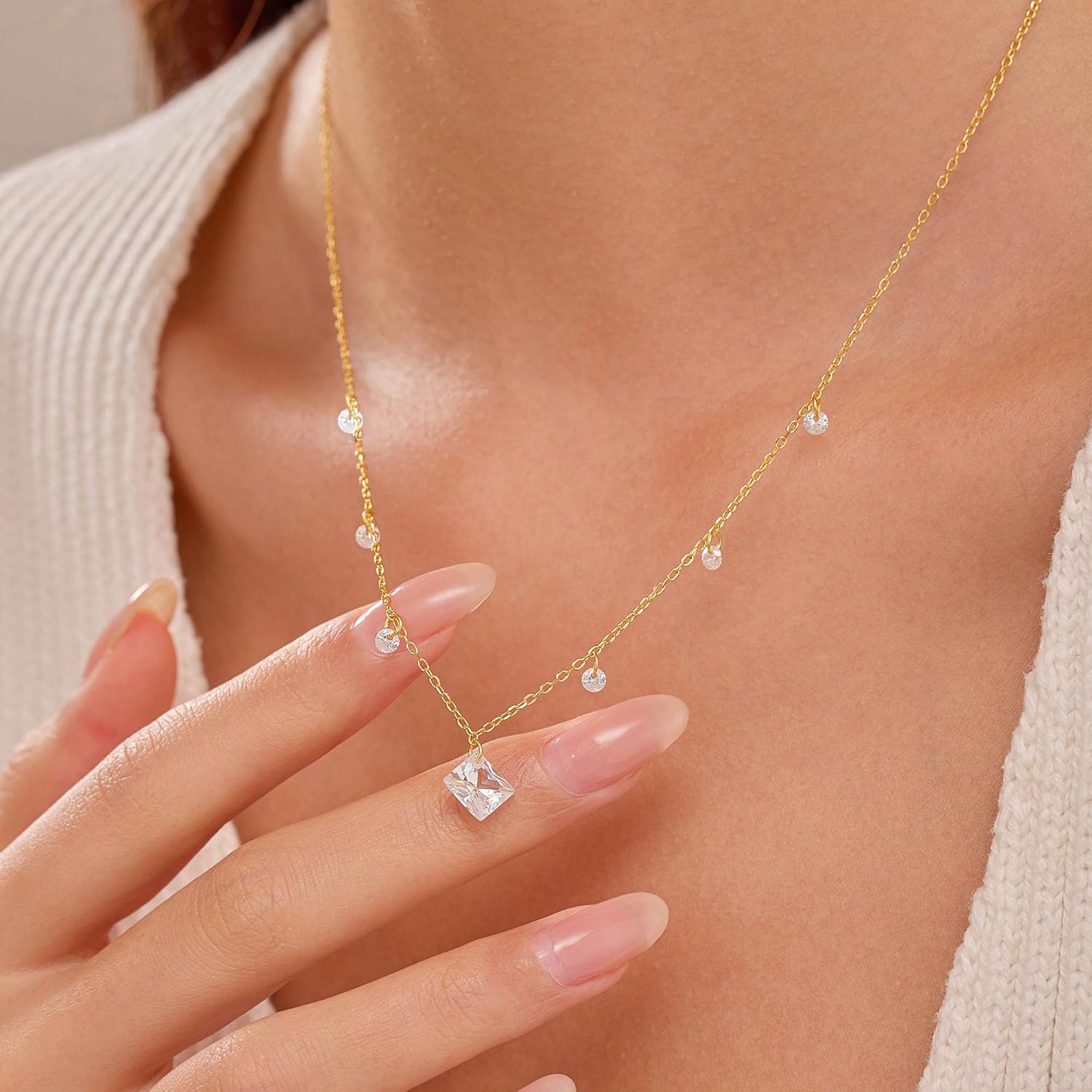 925 Sterling Silver 14K Plated Gold Dainty Chocker Cute Women's Necklaces Round Square Cubic Zirconia CZ Diamond Charm Pendant Clover Necklace Chain For Women, Simulated Round Zirconias Chains for Wedding Prom Brides Friendship Jewelry Gifts For Mom Daughter Lover Her - Image 2