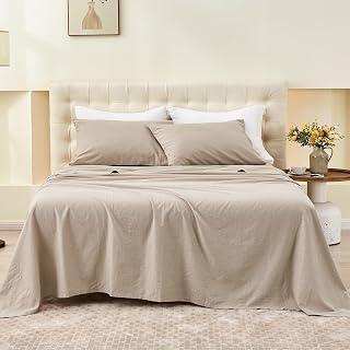 Simple&Opulence Belgian Linen Sheet Set Solid Color - 4 Pieces (1 Flat Sheet & 1 Fitted Sheet & 2 Pillowcases) Natural Flax Cotton Blend Soft Bedding Breathable Farmhouse - Khaki, Full Size