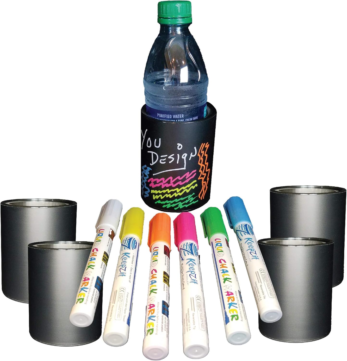 Chalkboard 4 Pack Premium Insulated Beverage Holders with 6 Color Markers (Piink)