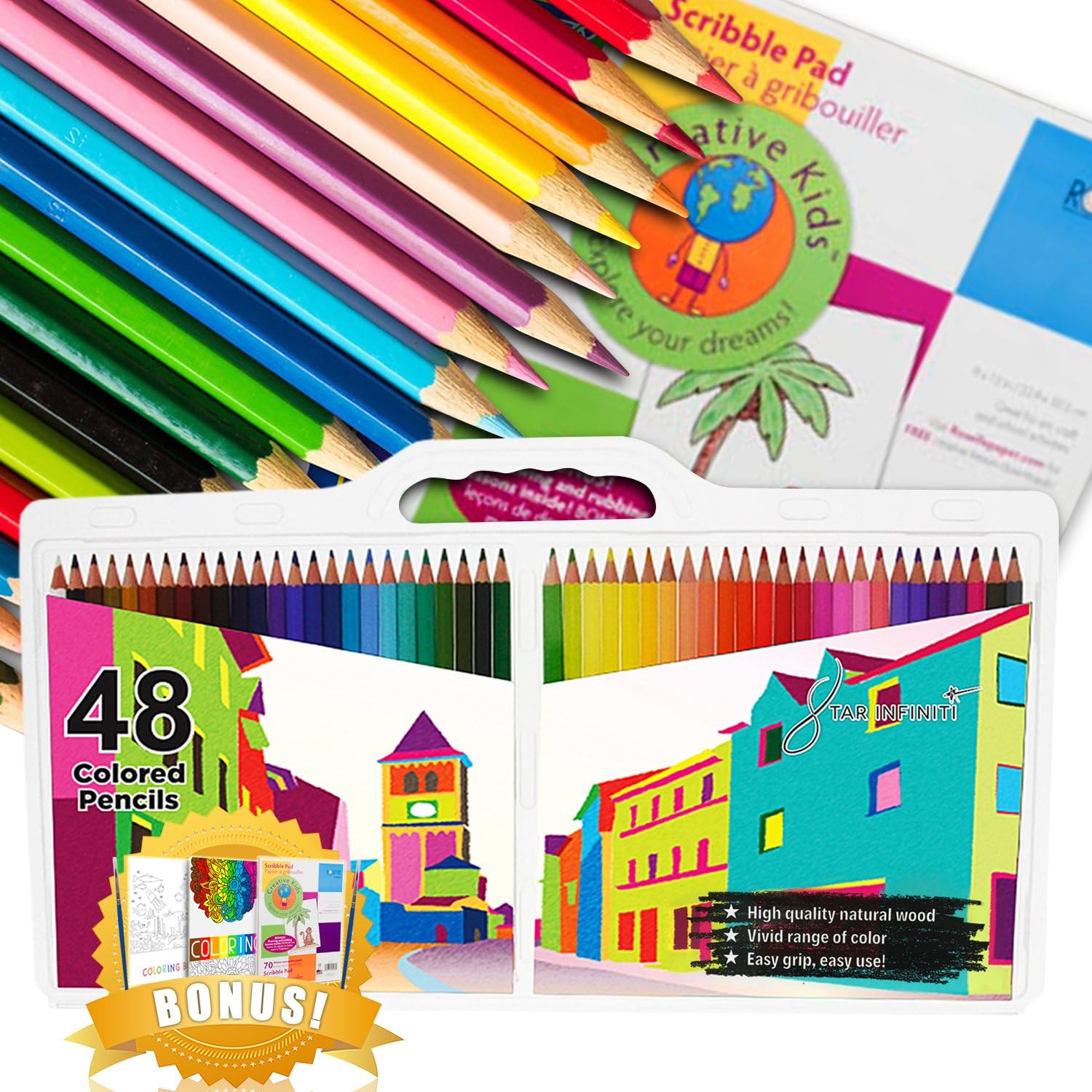 48 Piece Coloring Pencils Xmas Set plus Bonus Sketch and E-Coloring Pads - Paint Brushes - Case for Easy Storage - Best Vibrant Pack by Star Infiniti