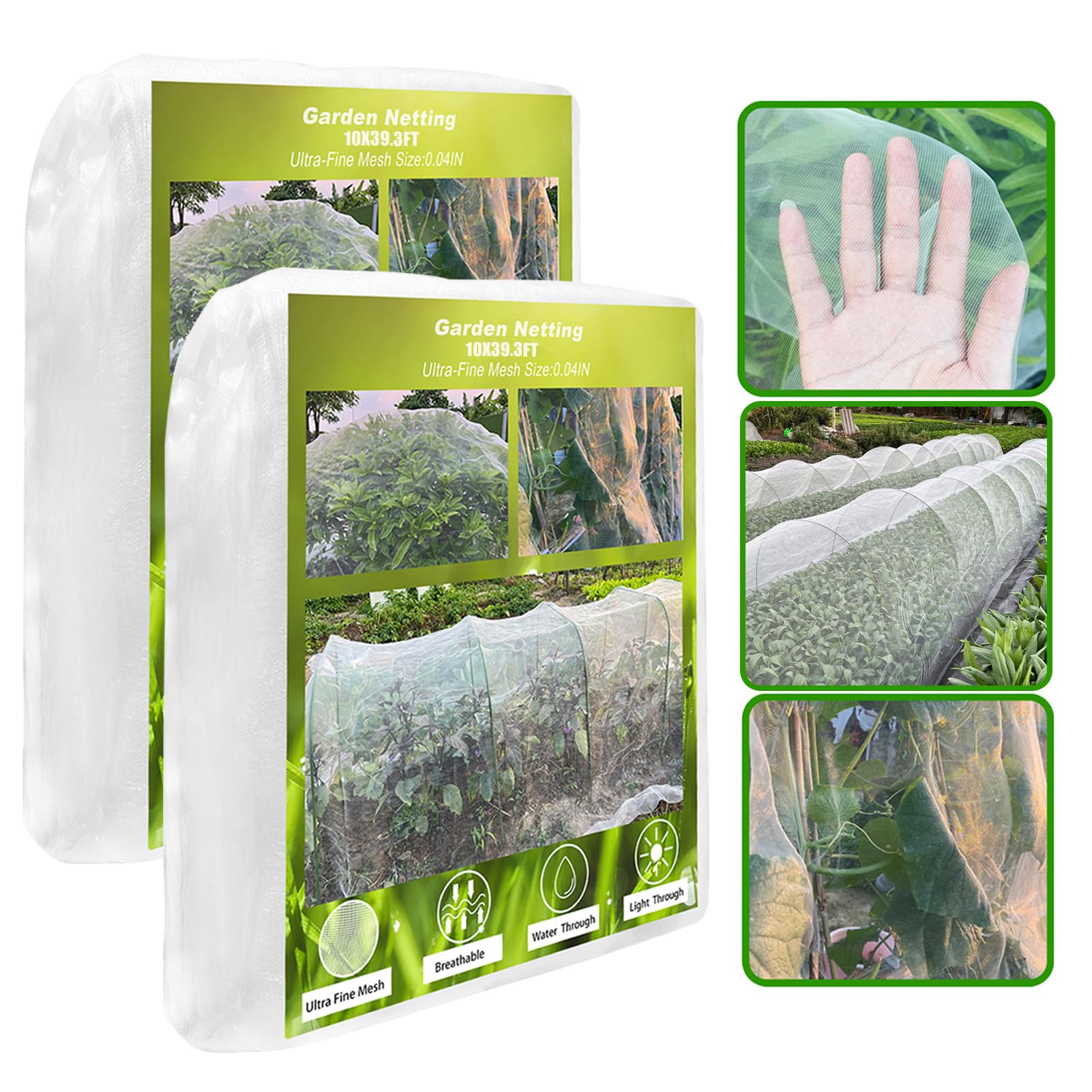 Garden Netting, 2 Pack 10X39.3FT Ultra Fine Insect Netting for Vegetable Flowers Fruits, Garden Mesh Plant Cover Row Cover Barrier Protection Net for Birds, Garden Netting for Raised Beds