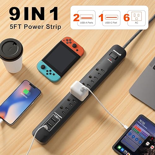 Miniatura 2 de Paquete de 2 protectores de sobretensiones de regleta de alimentación  Cable de extensión de 5 pies con 6 salidas con 3 puertos USB (1 puerto USB