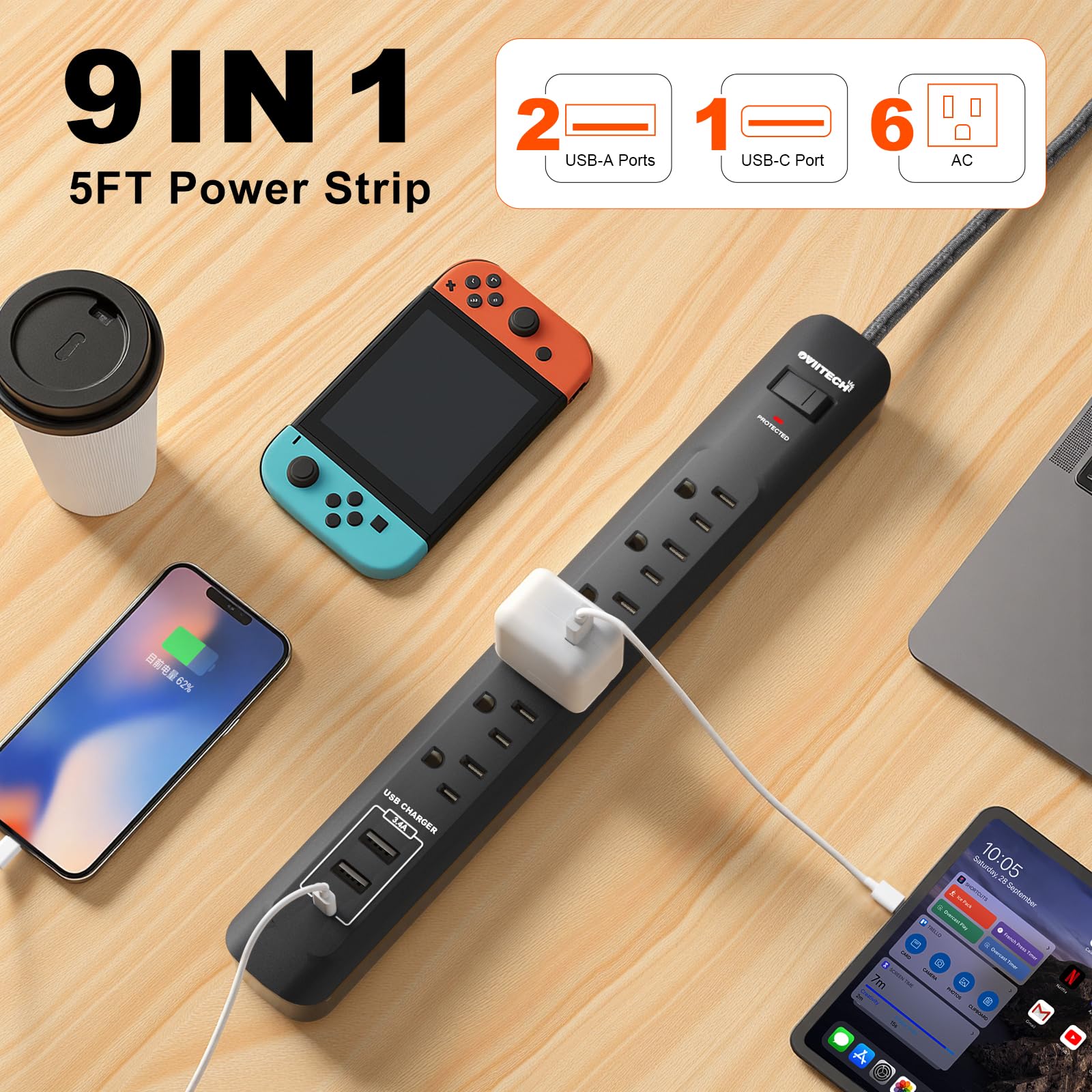 Oviitech - Tira de alimentación con puerto USB, 6 tomas de corriente alterna con 3 puertos USB (2 usb-A, 1 usb-C), cable de extensión de 5 pies para el hogar, oficina, viajes y recámara, color negro