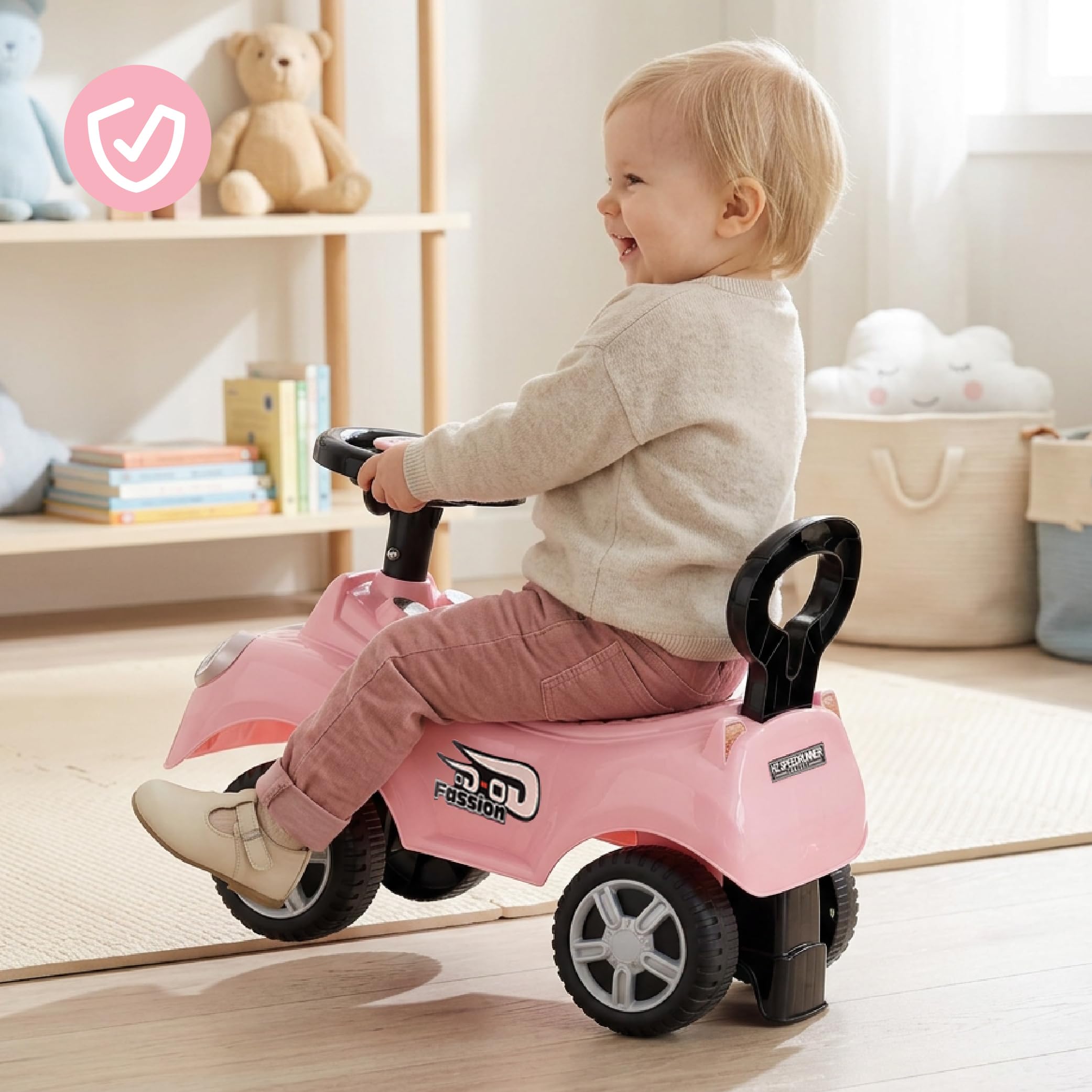 sun baby Jeździk pchacz dla dzieci GO GO Fassion, efekty dźwiękowe, plastikowe siedzisko i koła, zabezpieczenie przed przewróceniem się (Różowy)