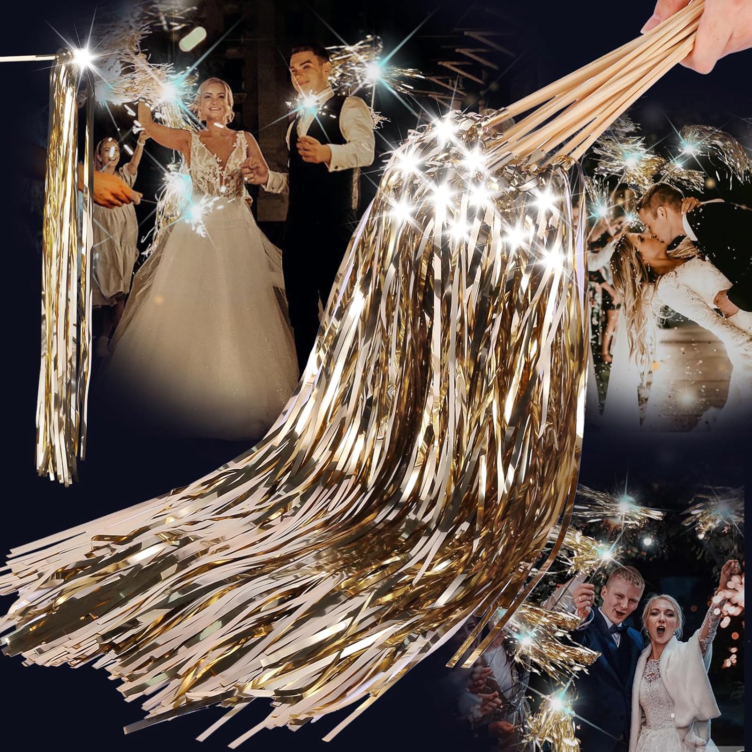 ​Drixbor 100 PCS Light Up Wedding Wands - LED Tinsel Streamers for Wedding Send Off & Grand Entrance, Party Favors for Weddings Birthdays Christmas (Champagne)