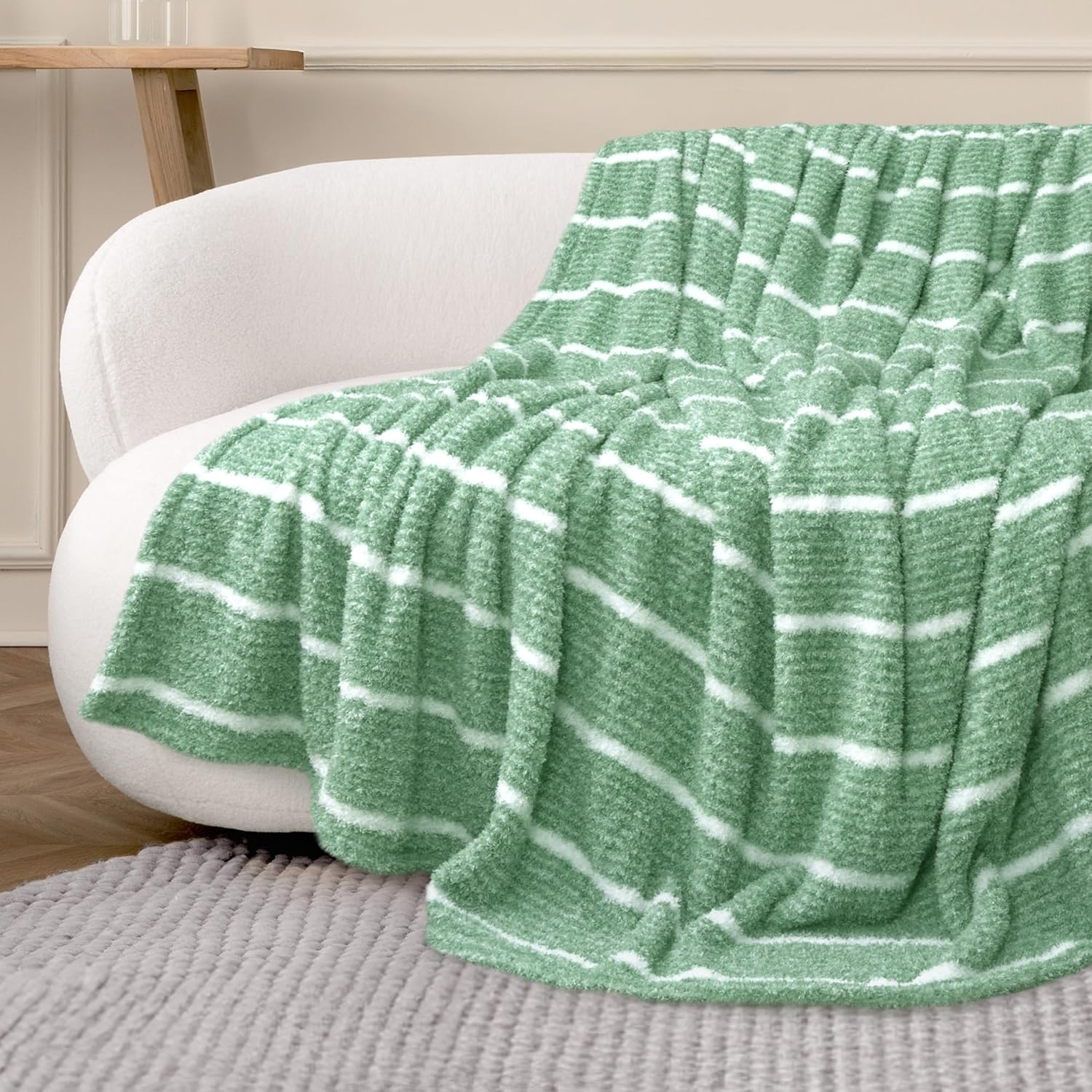 DEZ FURNISHINGS Oversized Cozy Knit Look Cloud-Soft Plush Printed Fleece Throw Blanket, Lightweight & Breathable, Queen (90" x 90"), Sage Green Stripe