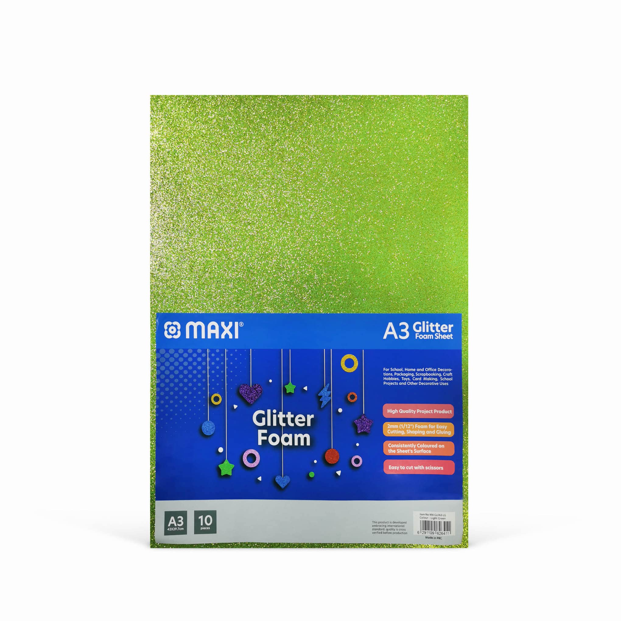 Maxi Glitter Eva Foam 10 Sheets A3 (42x29.7cm) Leave Green, 2mm (1/12”) foam for easy cutting, shaping and gluing