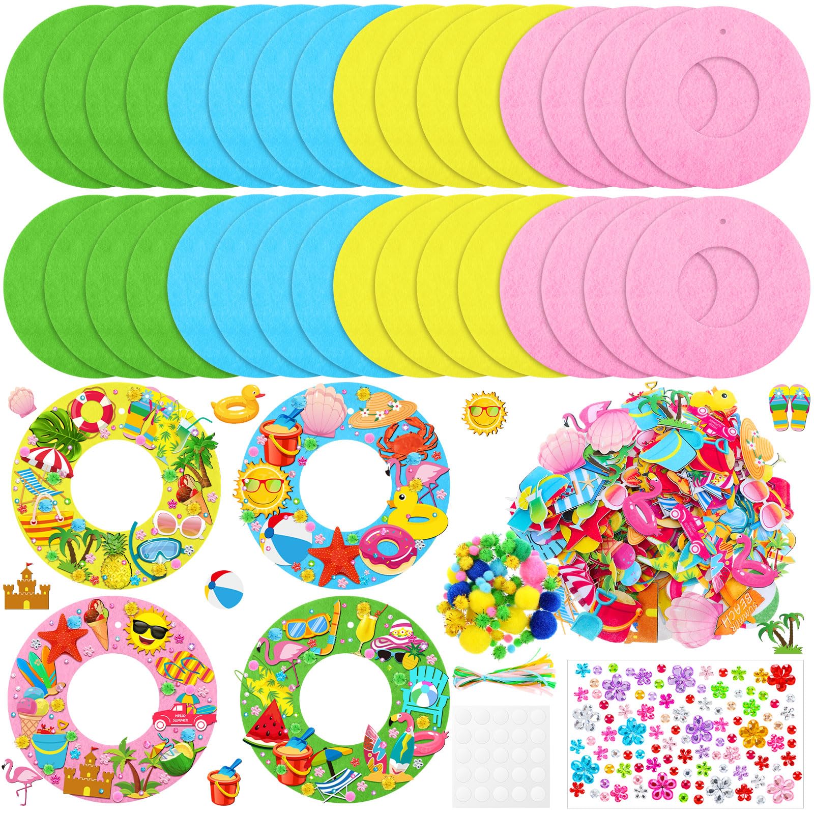 Suilung 32 Sets Summer Hawaii Crafts Kits DIY Felt Wreath Making Kits Tropical Beach Crafts with Flamingo Palm Pineapple Watermelon Surfboard Stickers