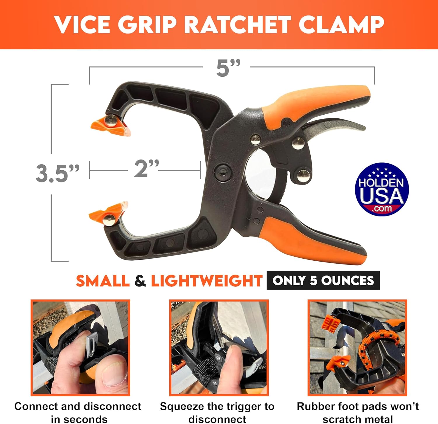 Holden USA - Ladder Clamp - Stabilizer Clip – Secure Safety Clamp for Roof, Gutters, and Wall Prep – Durable Support Cord for Roofing and Gutter Tasks (Orange Pair/2 units)