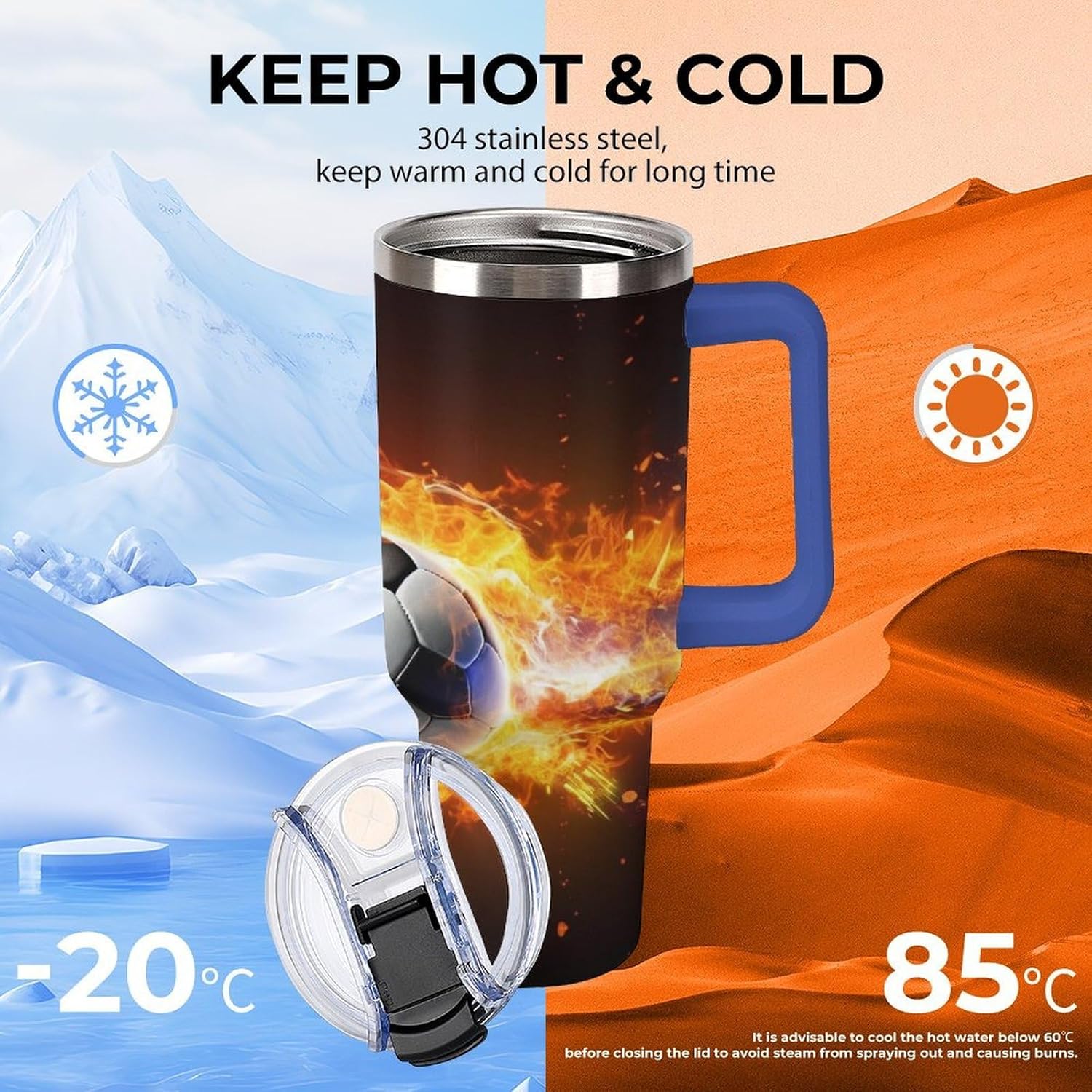 Burning Soccer Ball Travel Coffee Mug Reusable Durable Stainless Steel Insulated Tumbler with Handle And Straw Leak Resistant Portable Thermal Cup Gifts for Men Women 40 Oz