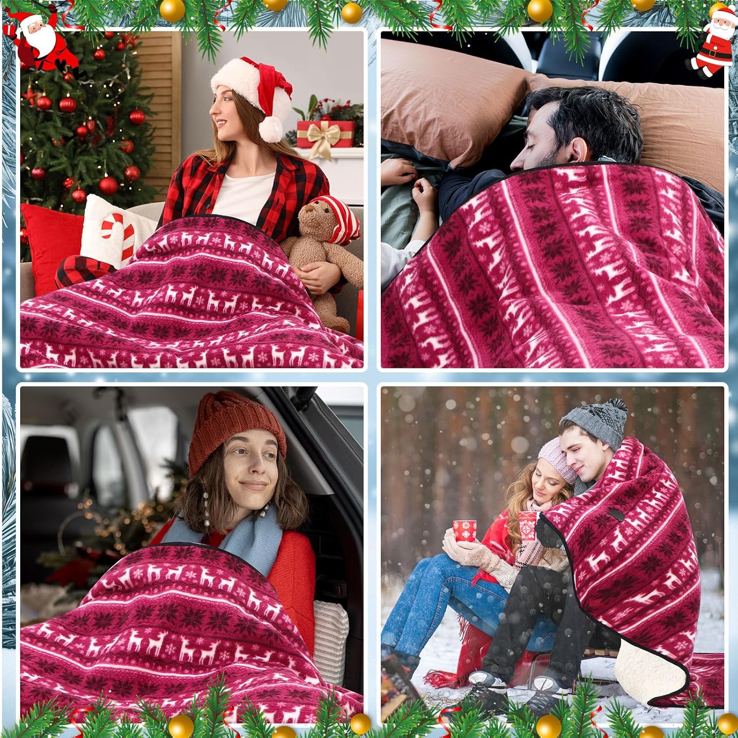 Riakrum 12V Car Heated Blanket for Cold with 2 or 3 Heating Levels 58 x 43 Emergency Winter Adjustable Temperature Electric Blanket Throw Gift Plugs in Car RV Truck SUV(Red and White,Reindeer) - Image 6