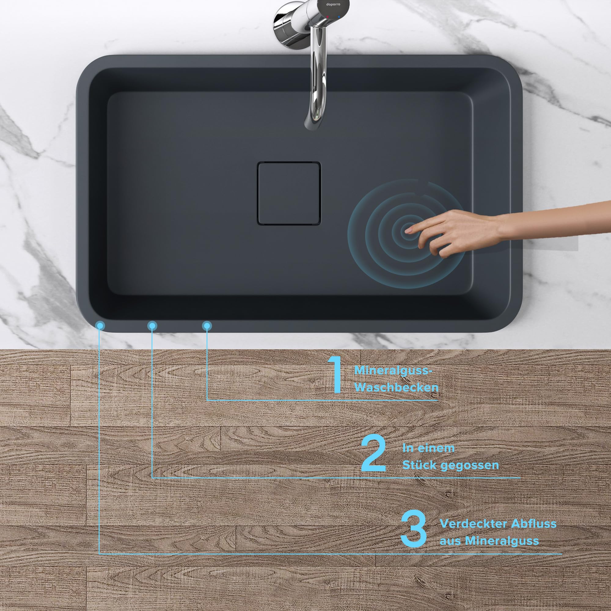 Lavabo encastrado de mármol fundido 53x33x10,5cm antracita mate rectangular con tapa desagüe