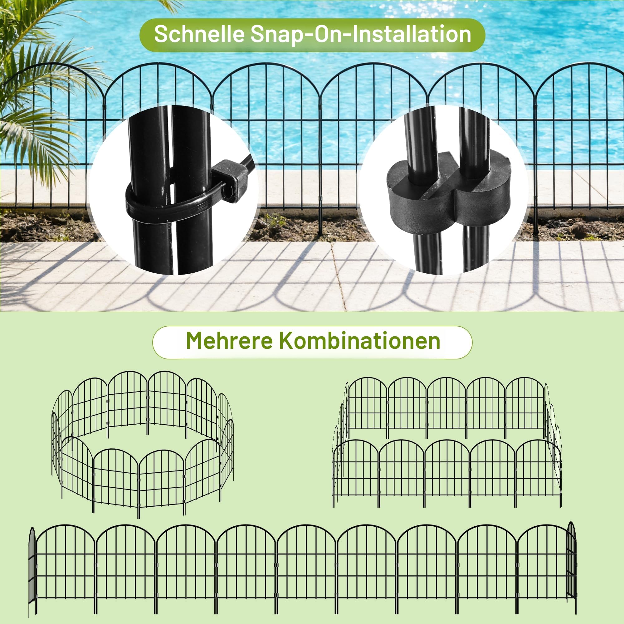 Thealyn Dekorativer Gartenzaun aus Metall (Gesamtlänge 3,3m, 10 Elemente 61cm H x 33cm B), Steckzaun ohne Graben, Wetterfester Grenzzaun für Außenbereich, Beeteinfassung, Rasenkante & Wegbegrenzung