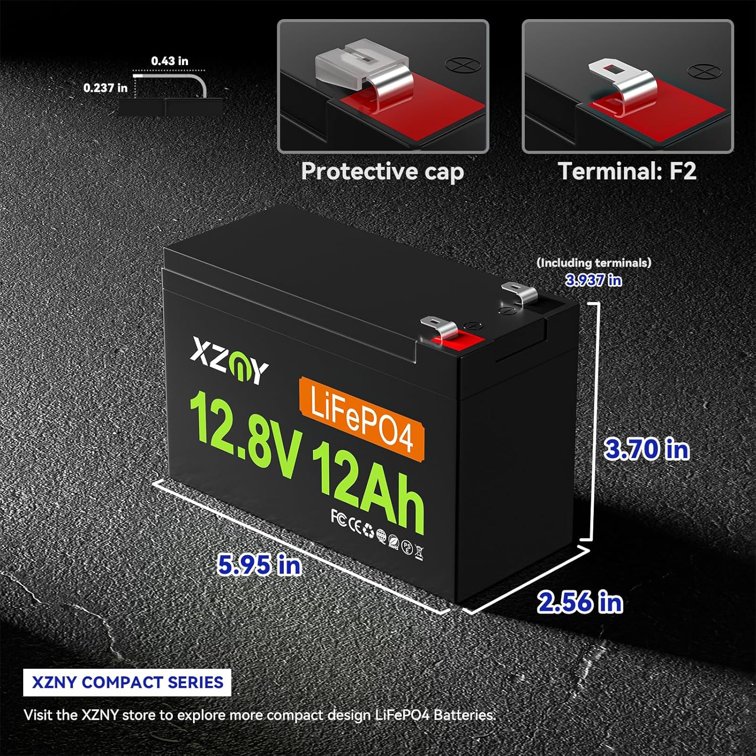 Diagram showing the dimensions of the XZNY Compact 12V 12Ah LiFePO4 battery and its F2 terminal type.