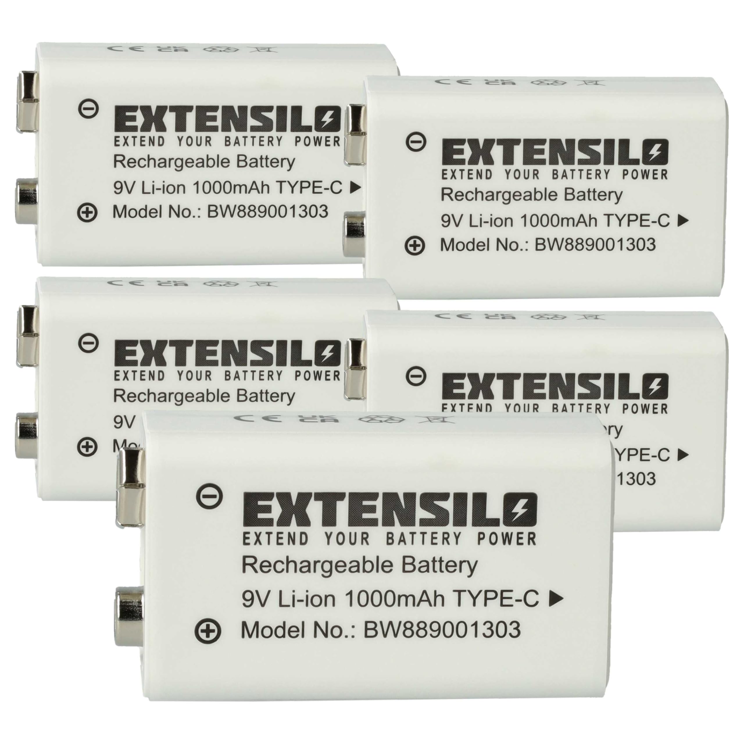 5X Piles Bloc Batterie 9V pour Divers appareils (1Ah, 9V, Li-ION)