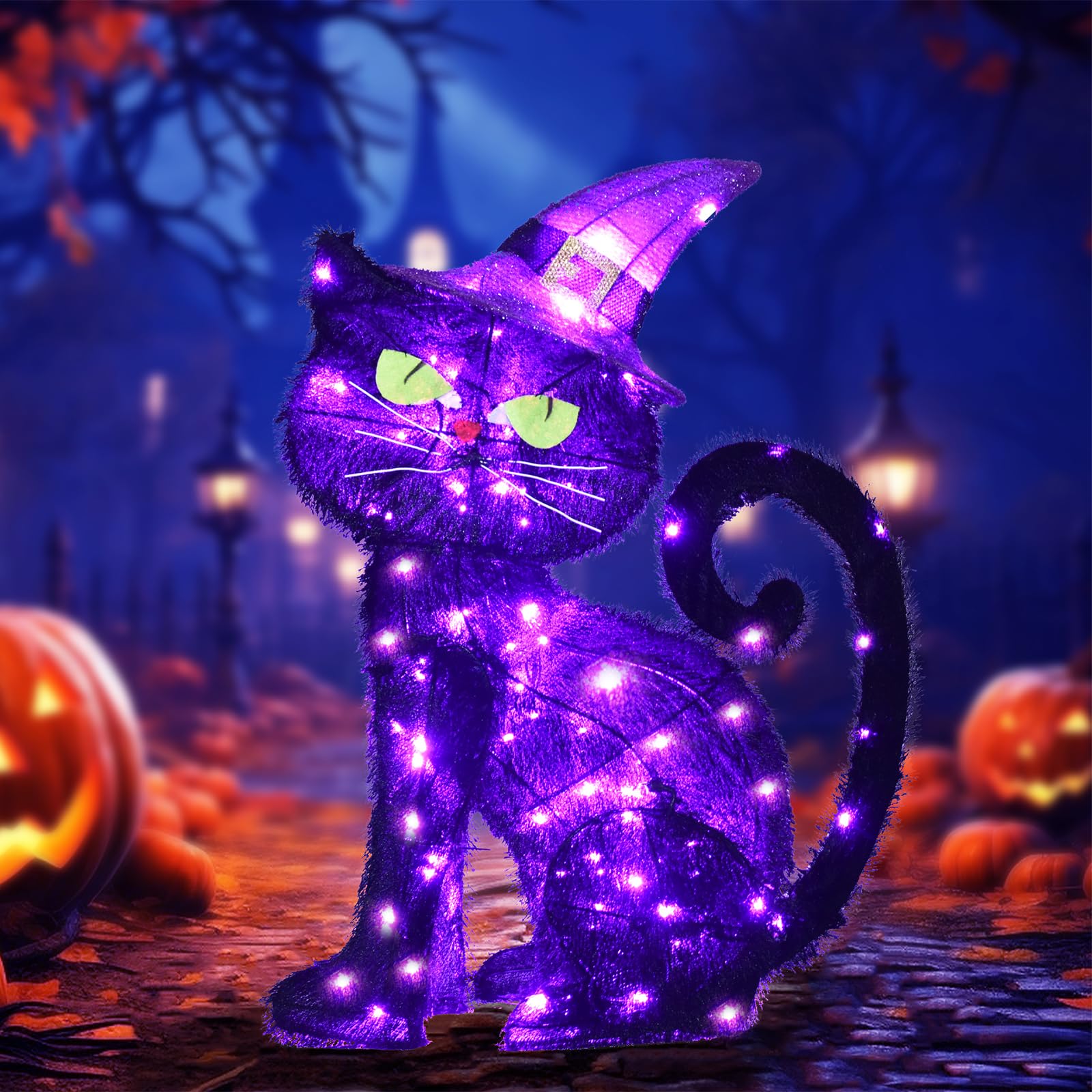 Gato negro iluminado HOYECHI de 2 pies con estacas para decorar tu jardín en Halloween