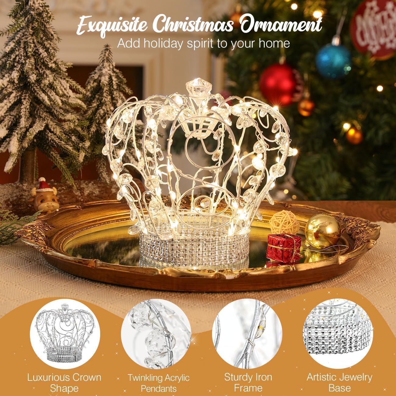 Lewondr Christmas Tree Topper, Metal Frame Treetopper Crown with 50 Warm Light Beads, Remote & USB Operated 6H Timer Tree Topper with Lights, Xmas Tree Decor for Holiday Home Decoration, Silver