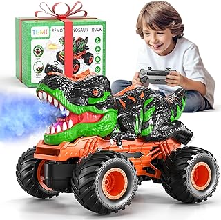 TEMI Remote Control T-rex Truck for Kids 3-5 Years, 1:24 Scale Monster Truck with Roar, Light and Mist Spray, High Speed Off Road Dinosaur Truck with Rechargeable Battery, Gift for Boys 3+