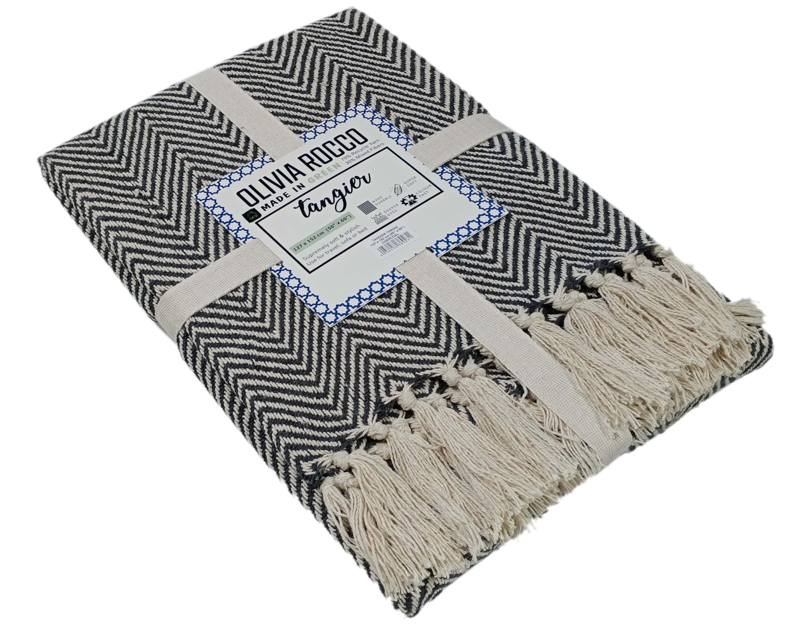 Olivia Rocco Home Throws Eco Friendly Super Soft Recycled Cotton Throw Blanket Comfortable Sustainable Perfect for Your Sofa Bed or Chair Lightweight, Tangier Charcoal 127x152cm - Image 2