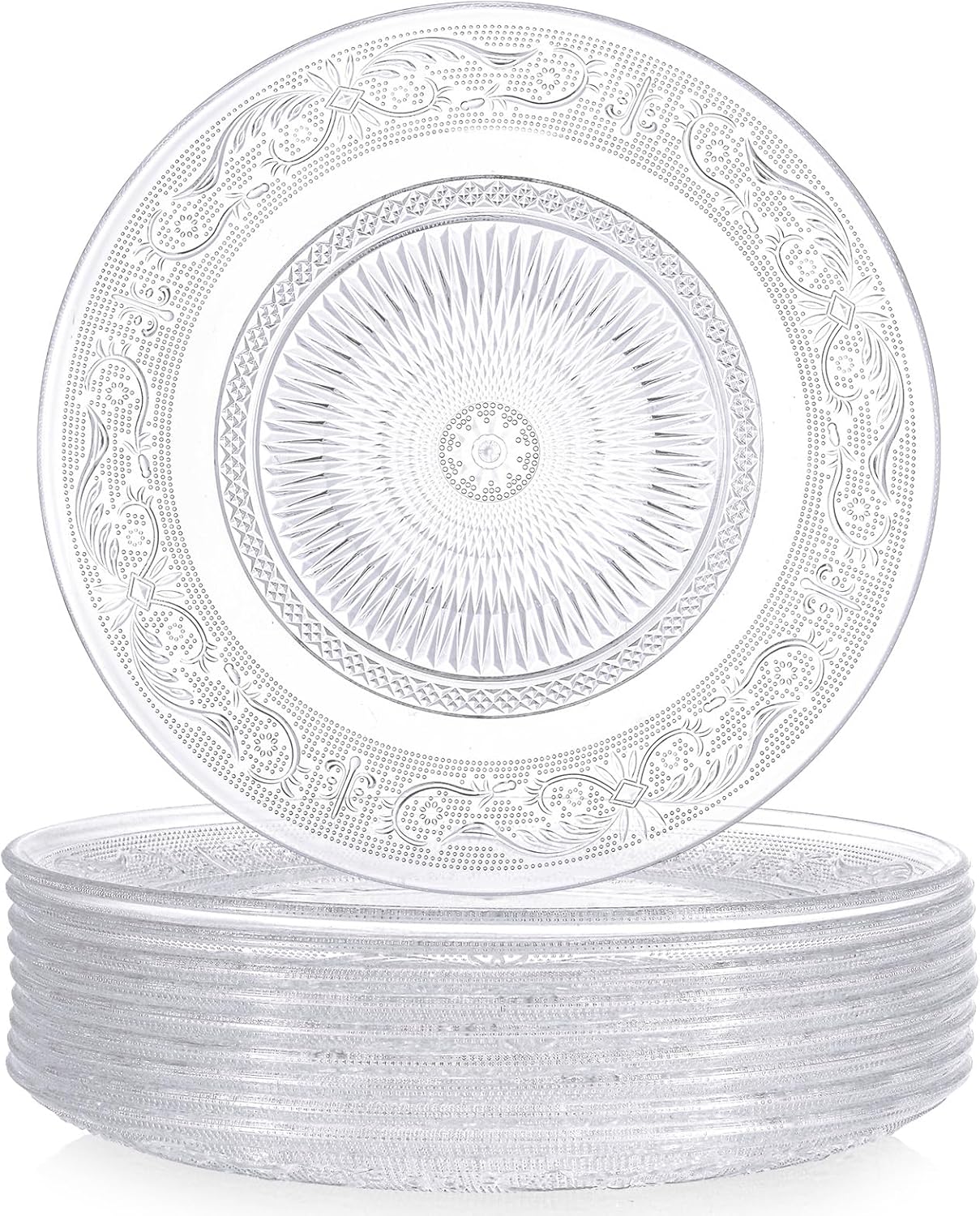 10 Pcs 13.8 Inch Acrylic Crystal Dinner Plates, Clear Round Plastic Serving Platter Trays Vintage Dragon and Phoenix Embossed Dinnerware for Serving Food Salad Pasta Fruit Home Party Wedding