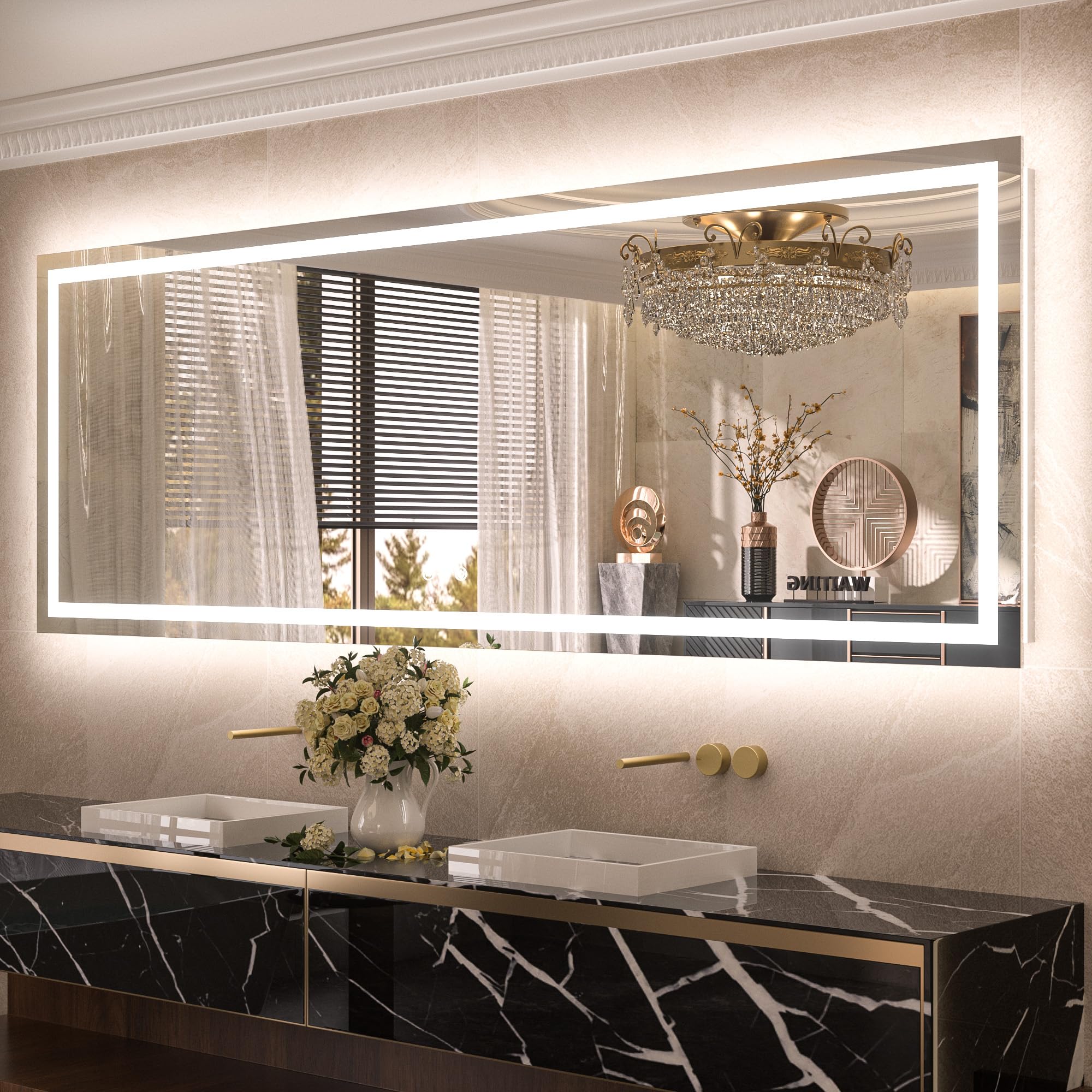 TETOTE 84 x 32 LED Bathroom Mirror with Lights Frontlit & Backlit Lighted Vanity Mirror Anti Fog Stepless Dimmable 3 Colors White/Warm/Natural,CRI90+ Double Lights,Wall-Mounted(Horizontal/Vertical)