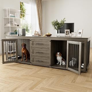 OUYESSIR 94.5" Large Dog Crate Furniture for 2 Dogs, Double Wooden Dog Kennel Furniture with 4 Dog Bowls & 3 Drawers, Heavy Duty Indoor Furniture Style Dog Cage TV Stand/Table/House, Grey - Amazon product rated Grade A
