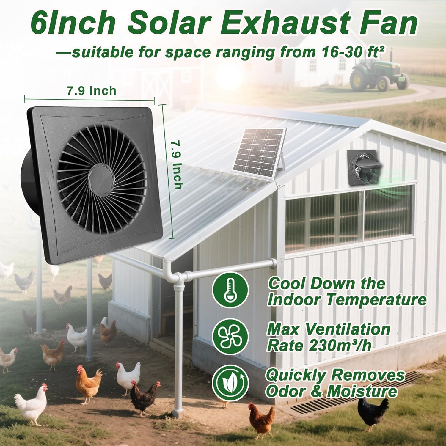 Solar Exhaust Fan – Compact for Small Spaces, Brushless Quiet 6" Ventilation Vent Fan, 25W Solar Panel with Bracket, Anti-Backflow Valve; for Chicken Coops, Pet Houses, Sheds, Greenhouses (Black)
