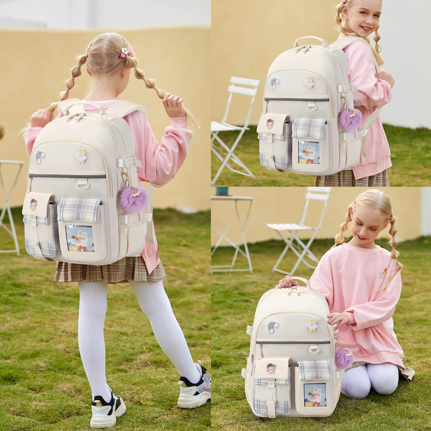 Backpack for Girls 15.6 Inch Laptop School Bag Kids Elementary College 3pcs Backpacks Lunch box Pencil Case Set Bookbags for Girls Teen Women Student Beige - Image 6