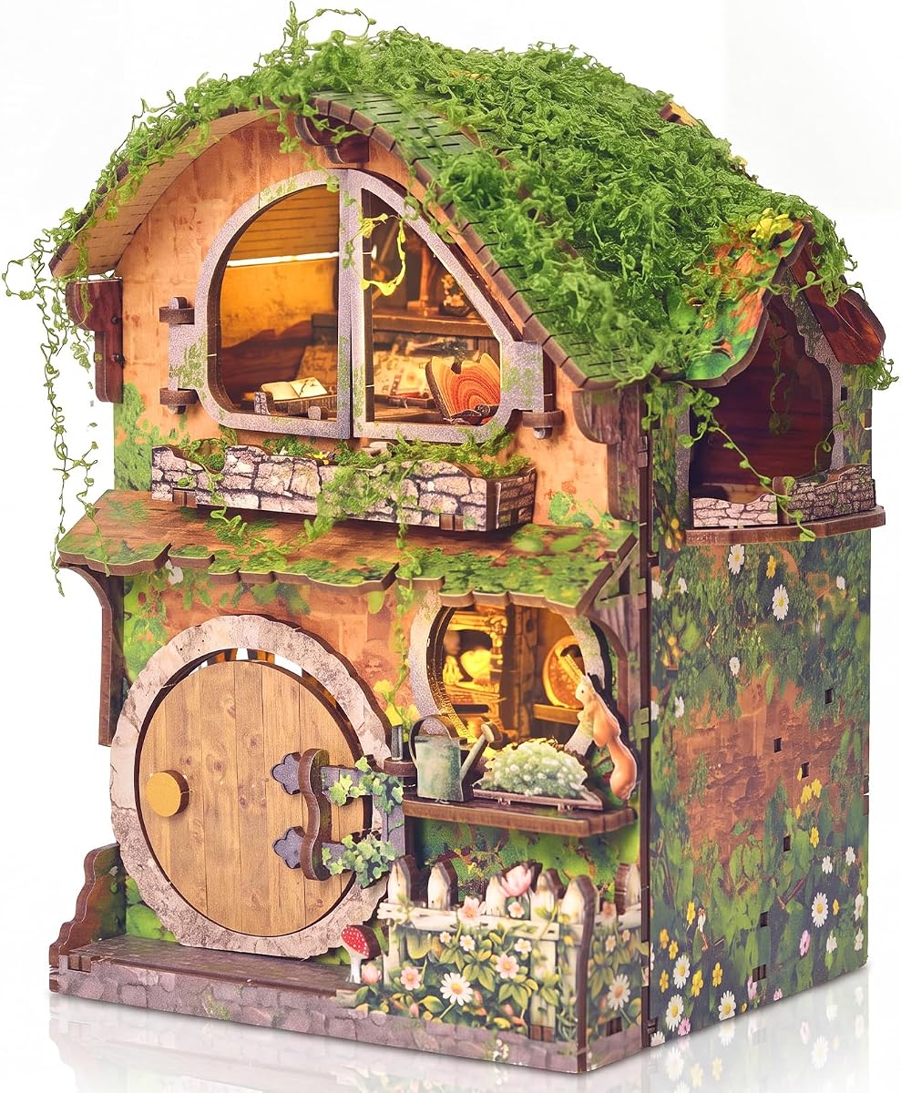 BOOZUU Greenhouse Book Nook Kit with Light, Fairy Garden Miniature House