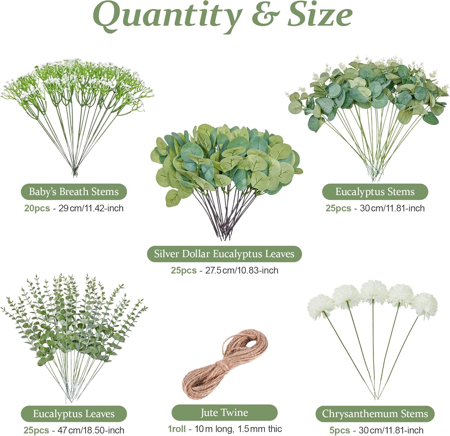 100 Pcs 5 Kinds Mixed Faux Eucalyptus Stems Bulk, Babys Breath Artificial Flowers and Fake mums, Realistic Silver Dollar Eucalyptus Branches, Artificial Greenery for Wedding Vase Bouquet Centerpieces