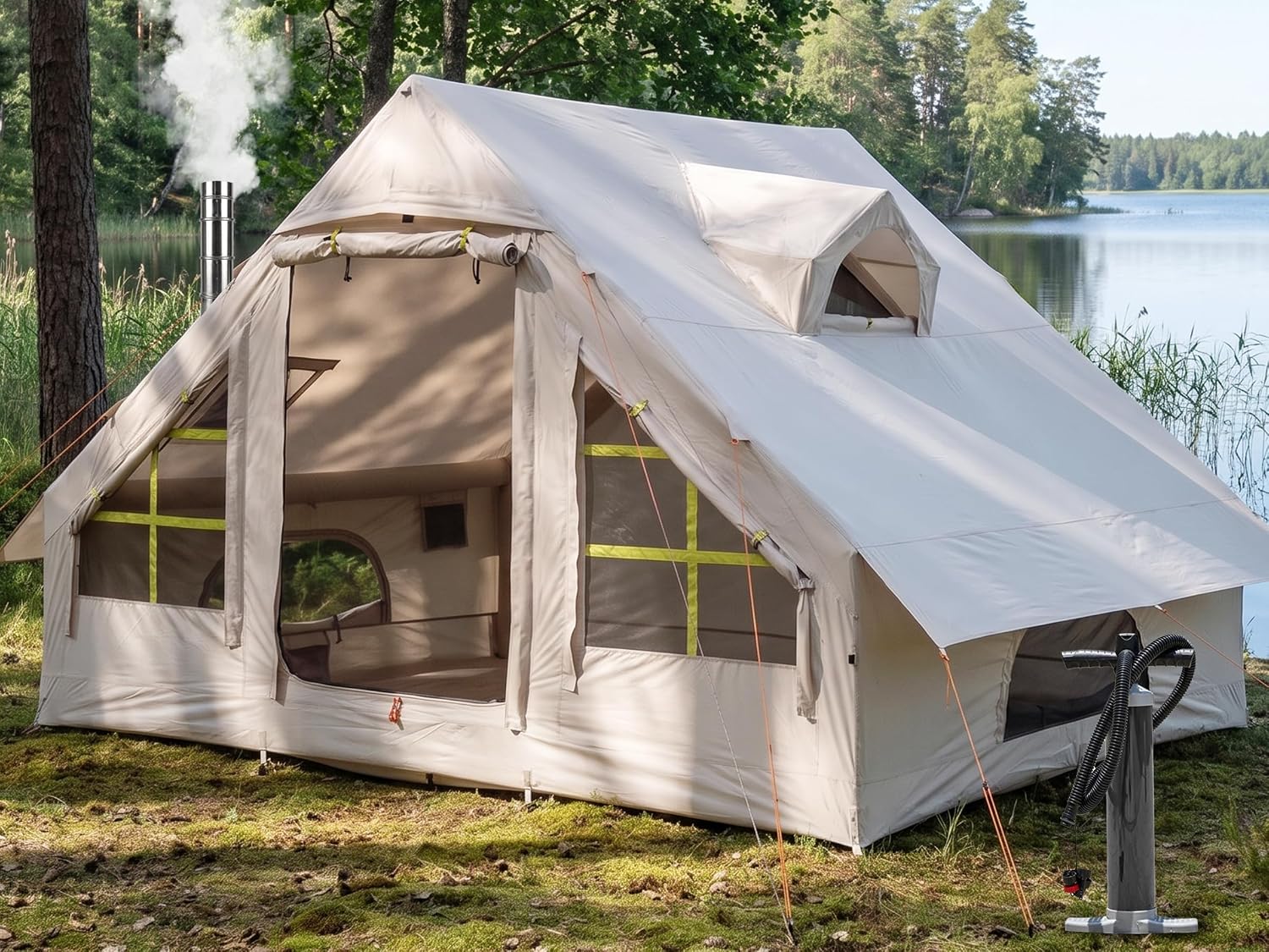 Inflatable Camping Tent for 4/6/8/10 Person, 4 Season Waterproof Blow Up Tent with Stove Jack & Skylight, Easy Setup Air Tent for Glamping & Family Camping