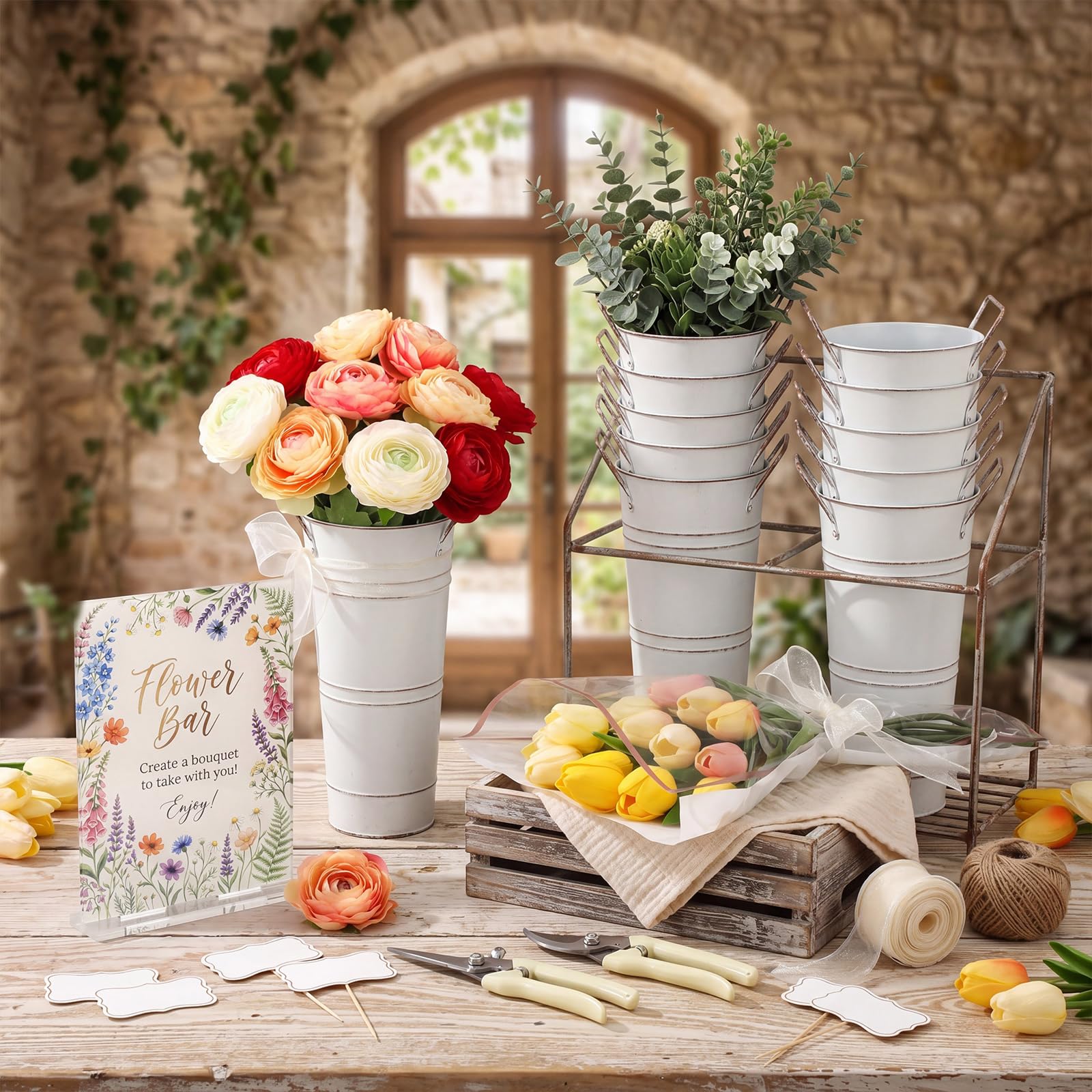 142 piezas de suministros de barra de flores con 12 cubos blancos, 100 bolsas de envoltura de flores, tijeras para letreros de flores, suministros de barra para boda, novia, graduación